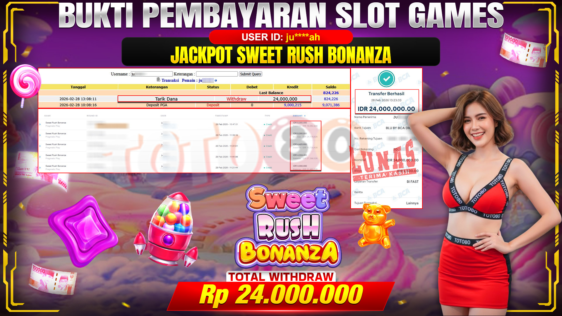 🎉 TOTO80 – JACKPOT SLOT SWEET RUSH BONANZA . 24,000,000,- TELAH DIBAYARKAN! 🎉