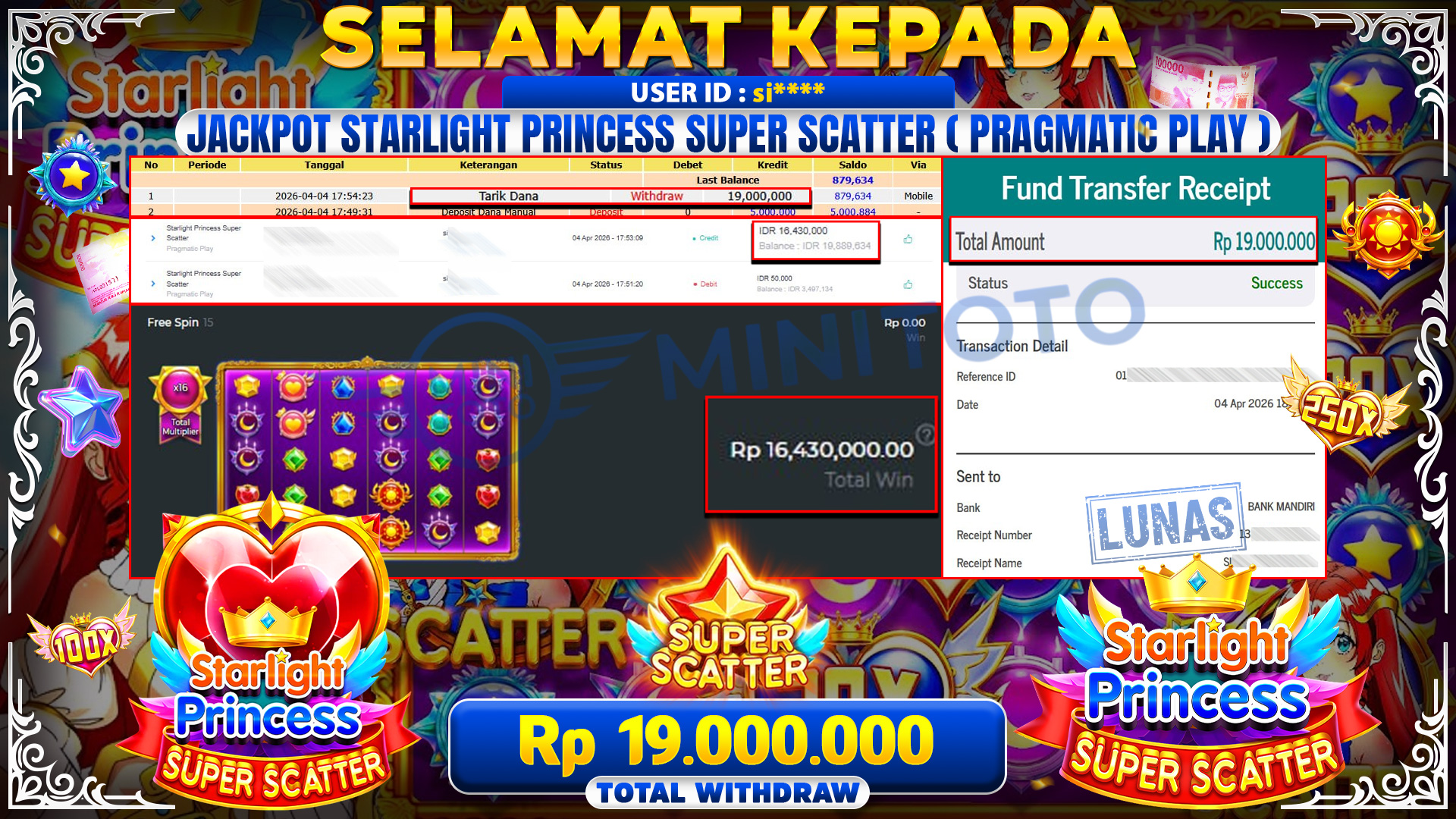 BUKTI JACPOT Starlight Princess 1000 - Pragmatic Play