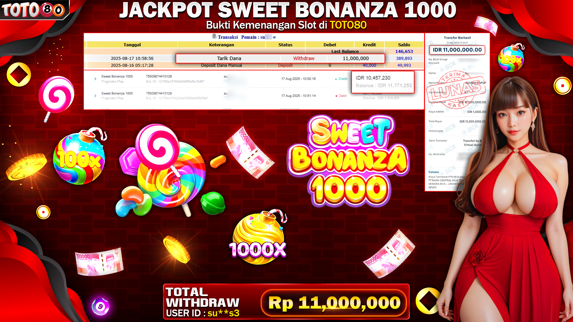 🎉 TOTO80 – JACKPOT SLOT Sweet Bonanza 1000 RP.11,000,000,- TELAH DIBAYARKAN!🎉