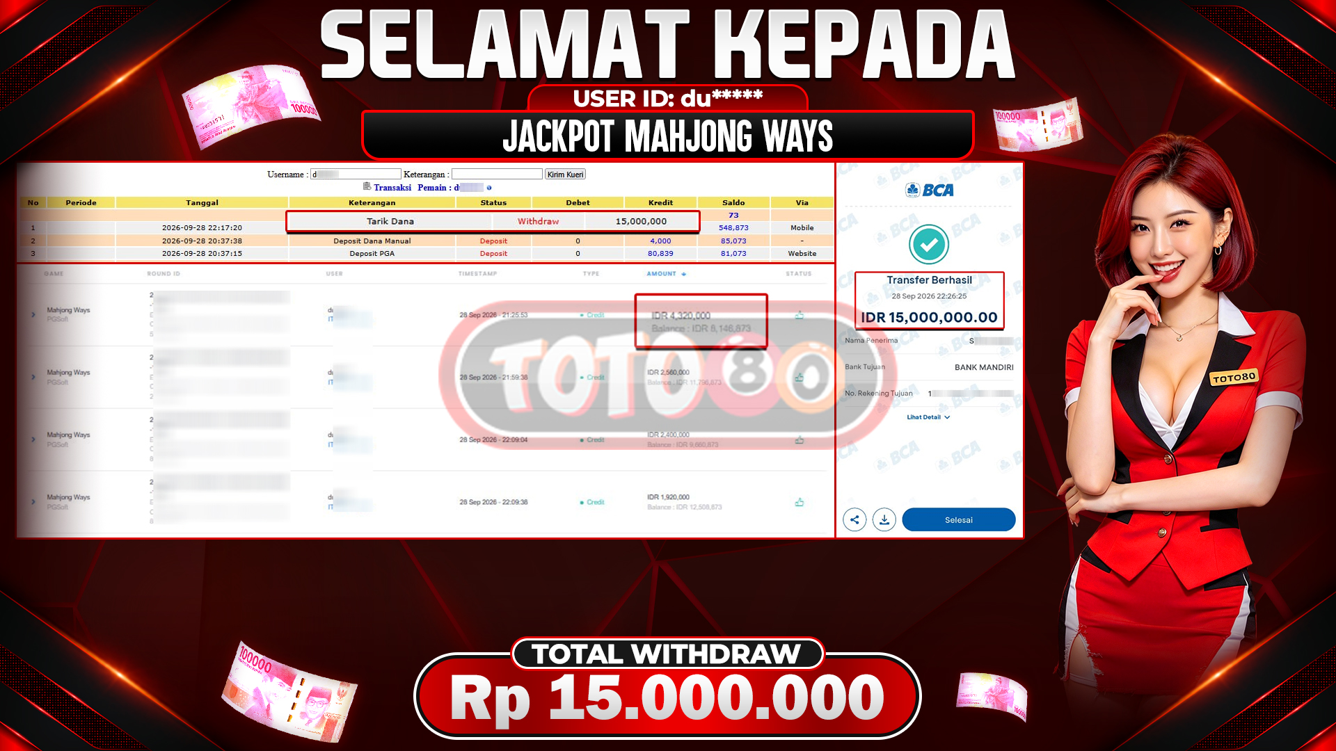 💰🎉 TOTO80 – JACKPOT SLOT MAHJONG  WAYS RP. 15,000,000,-  TELAH DIBAYARKAN!💰🎉