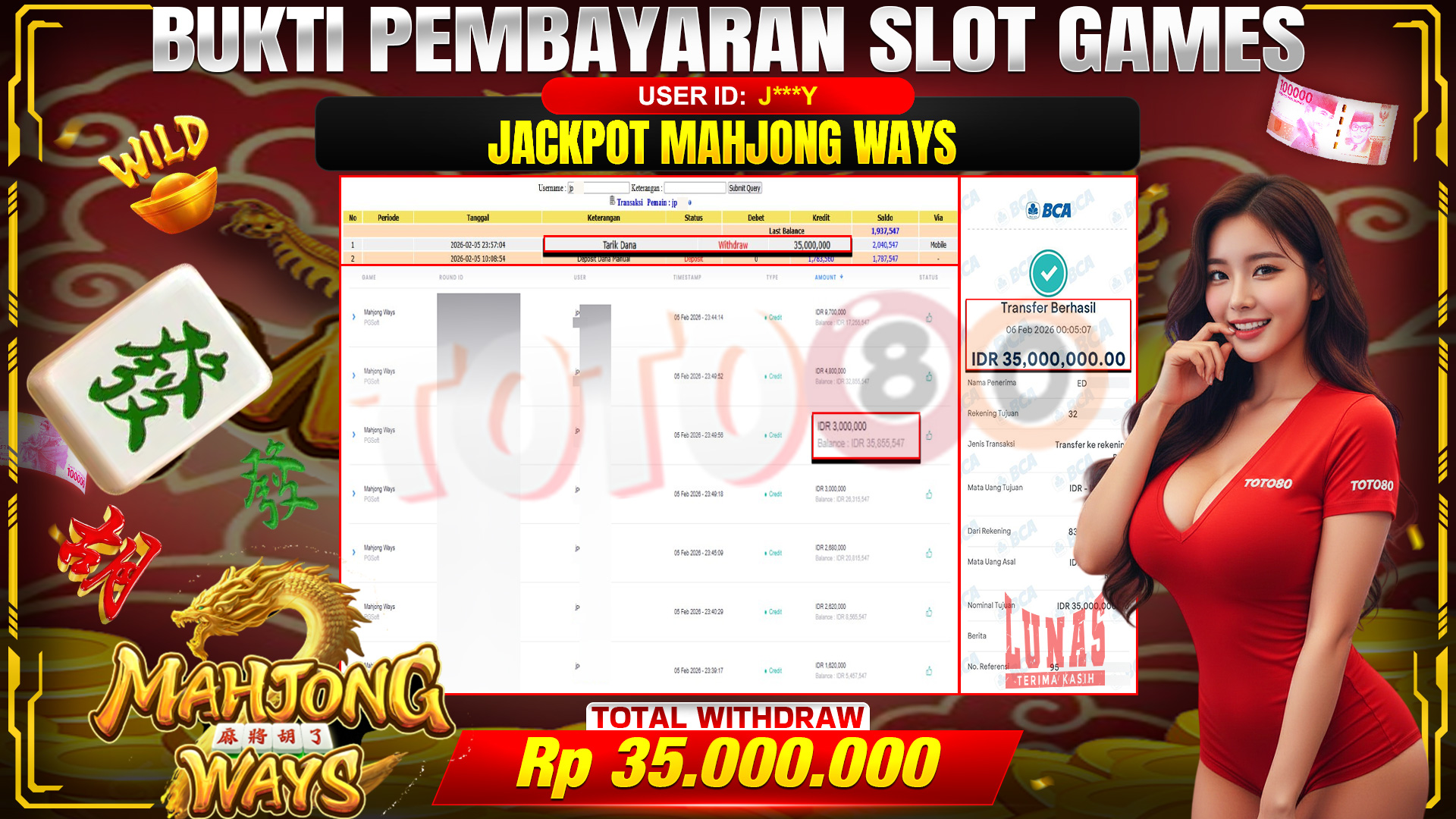 🎉 TOTO80 – JACKPOT SLOT MAHJONG WAYS RP. 35,000,000,- TELAH DIBAYARKAN! 🎉