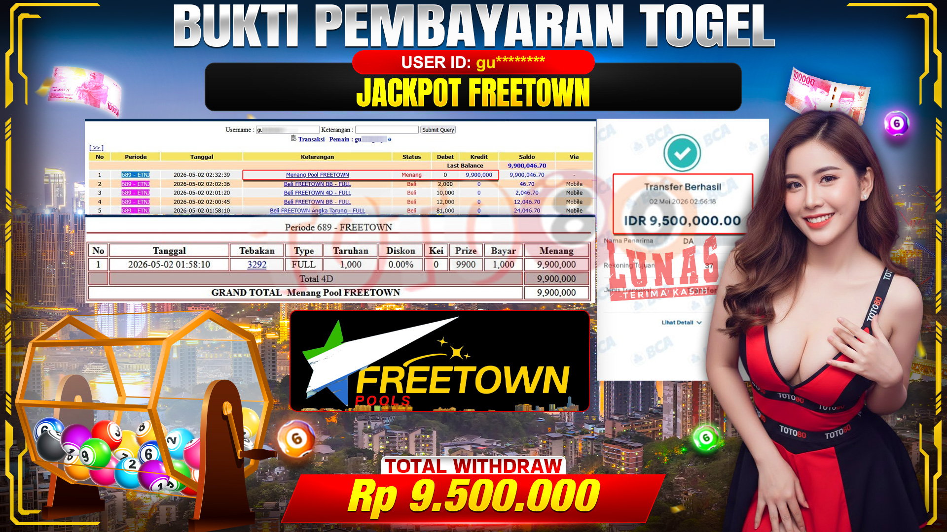 💰🎉 TOTO80 – JACKPOT TOGEL FREETOWN RP. 9,500,000,- TELAH DIBAYARKAN!💰🎉