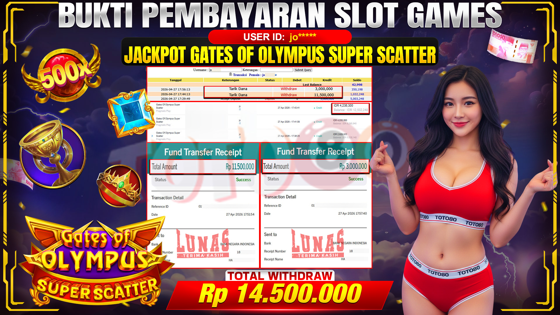 💰🎉TOTO80 – JACKPOT SLOT GATES OF OLYMPUS SUPER SCATTER  RP.14,500,000,- TELAH DIBAYARKAN! 💰🎉