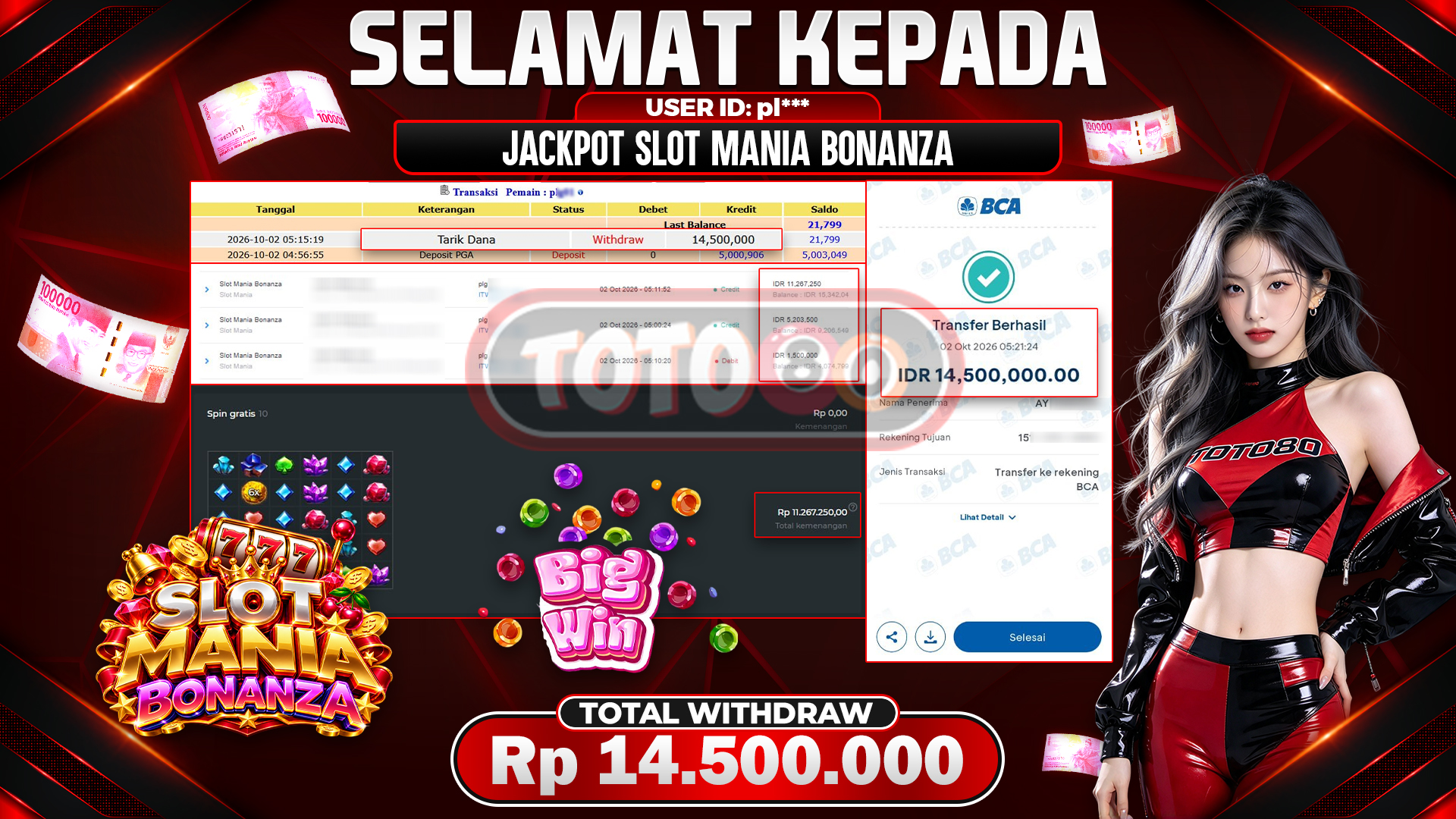 💰🎉 TOTO80 –  JACKPOT SLOT MANIA BONANZA  RP. 14.500,000,- TELAH DIBAYARKAN!💰🎉