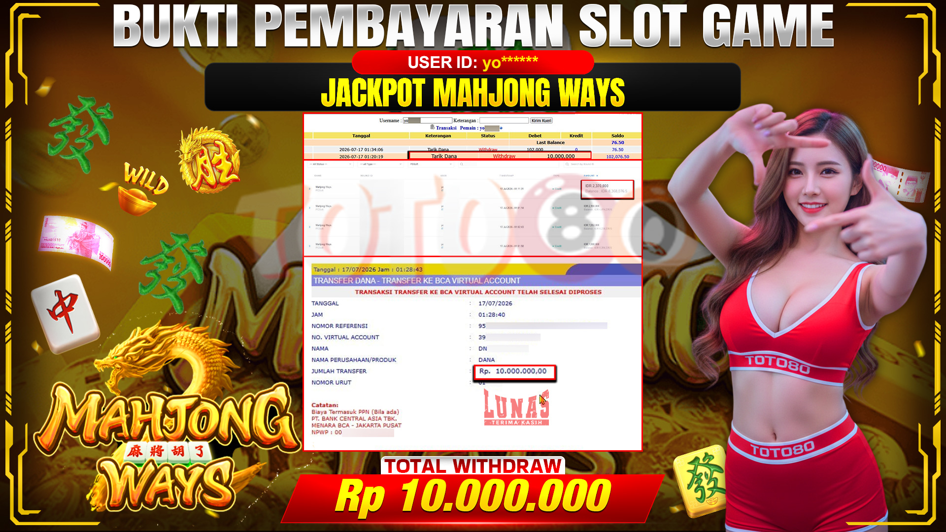 💰🎉 TOTO80 – JACKPOT SLOT MAHJONG  WAYS  RP. 10,000,000,-   TELAH DIBAYARKAN!💰🎉