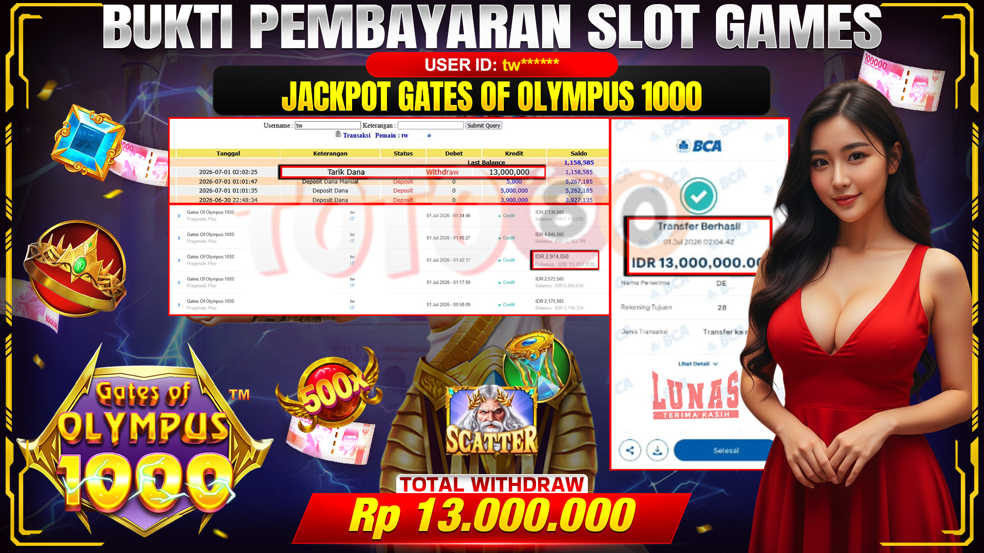 💰🎉 TOTO80 – JACKPOT SLOT GATES OF OLYMPUS 1000  RP. 13,000,000,- TELAH DIBAYARKAN!💰🎉
