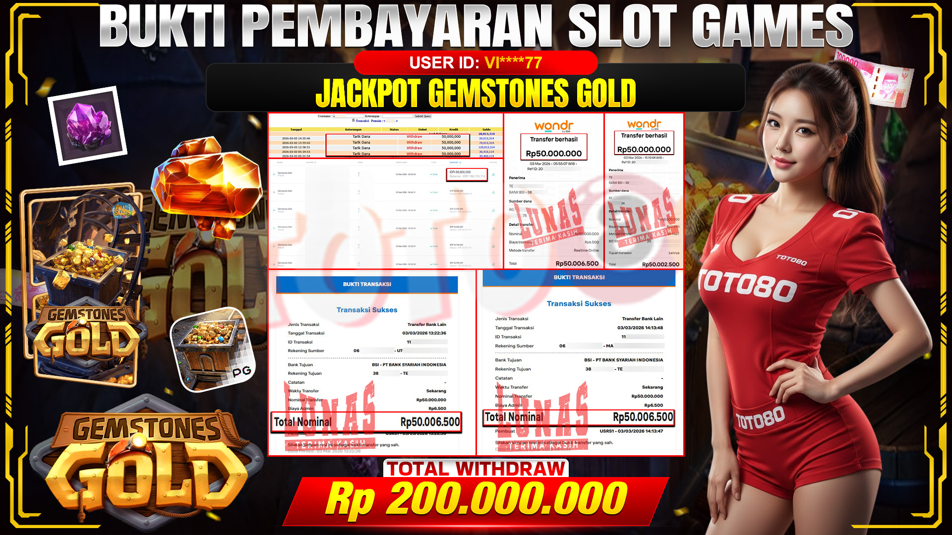 🎉TOTO80 – JACKPOT SLOT GEMSTONES GOLD RP. 200,000,000,- TELAH DIBAYARKAN! 🎉