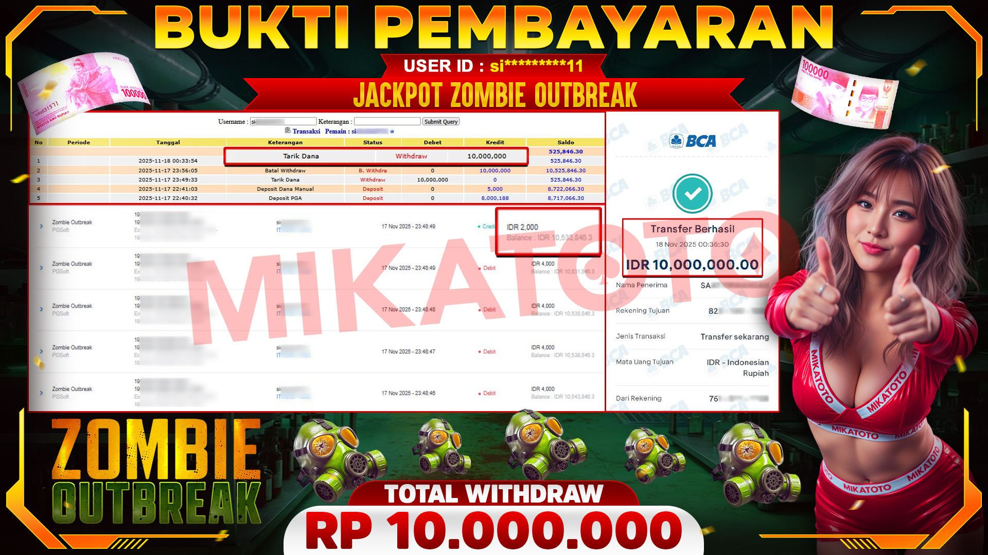 🏆 SELAMAT KEPADA PEMENANG JACKPOT DI Zombie Outbreak - PGSoft 10,000,000🏆