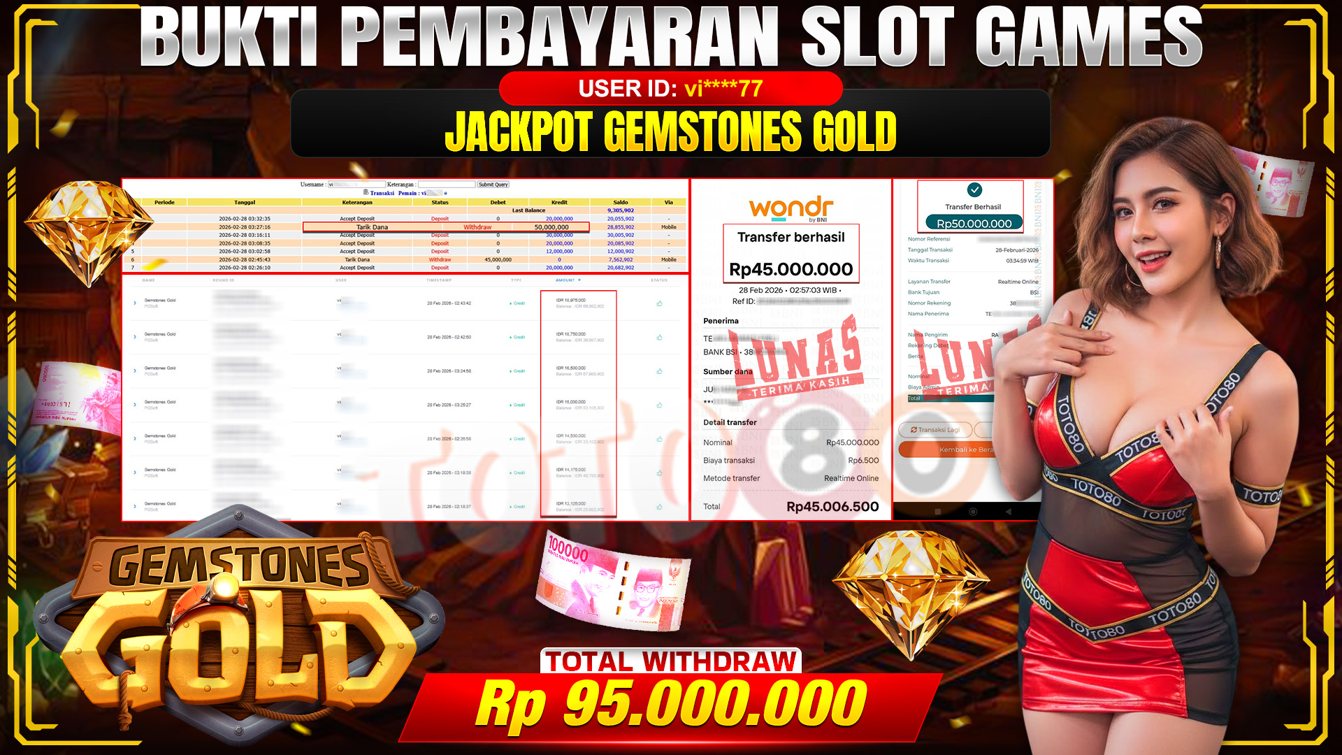 🎉 TOTO80 – JACKPOT SLOT GEMSTONES GOLD . 95,000,000,- TELAH DIBAYARKAN! 🎉