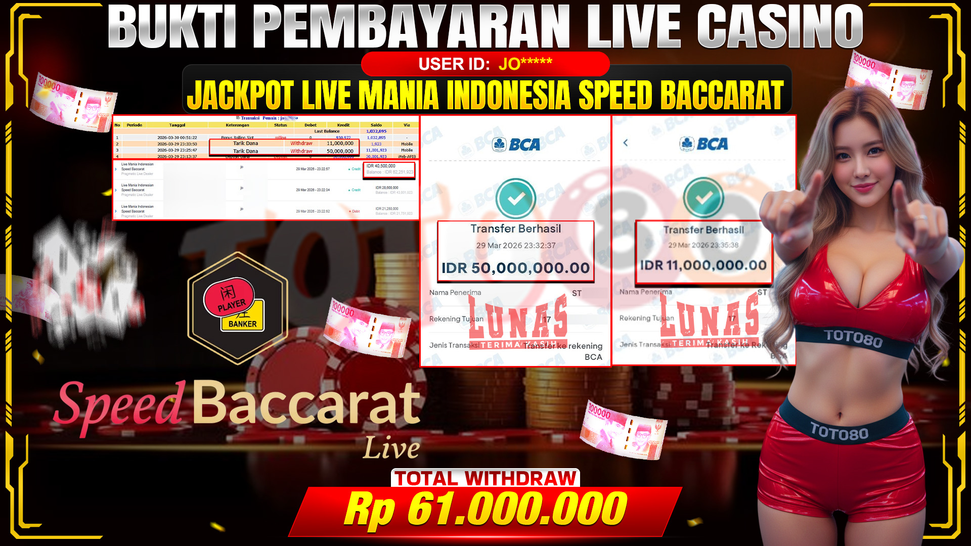 💰🎉 TOTO80 – JACKPOT LIVE MANIA INDONESIA SPEED BACCARAT RP. 61,000,000,- TELAH DIBAYARKAN! 💰🎉