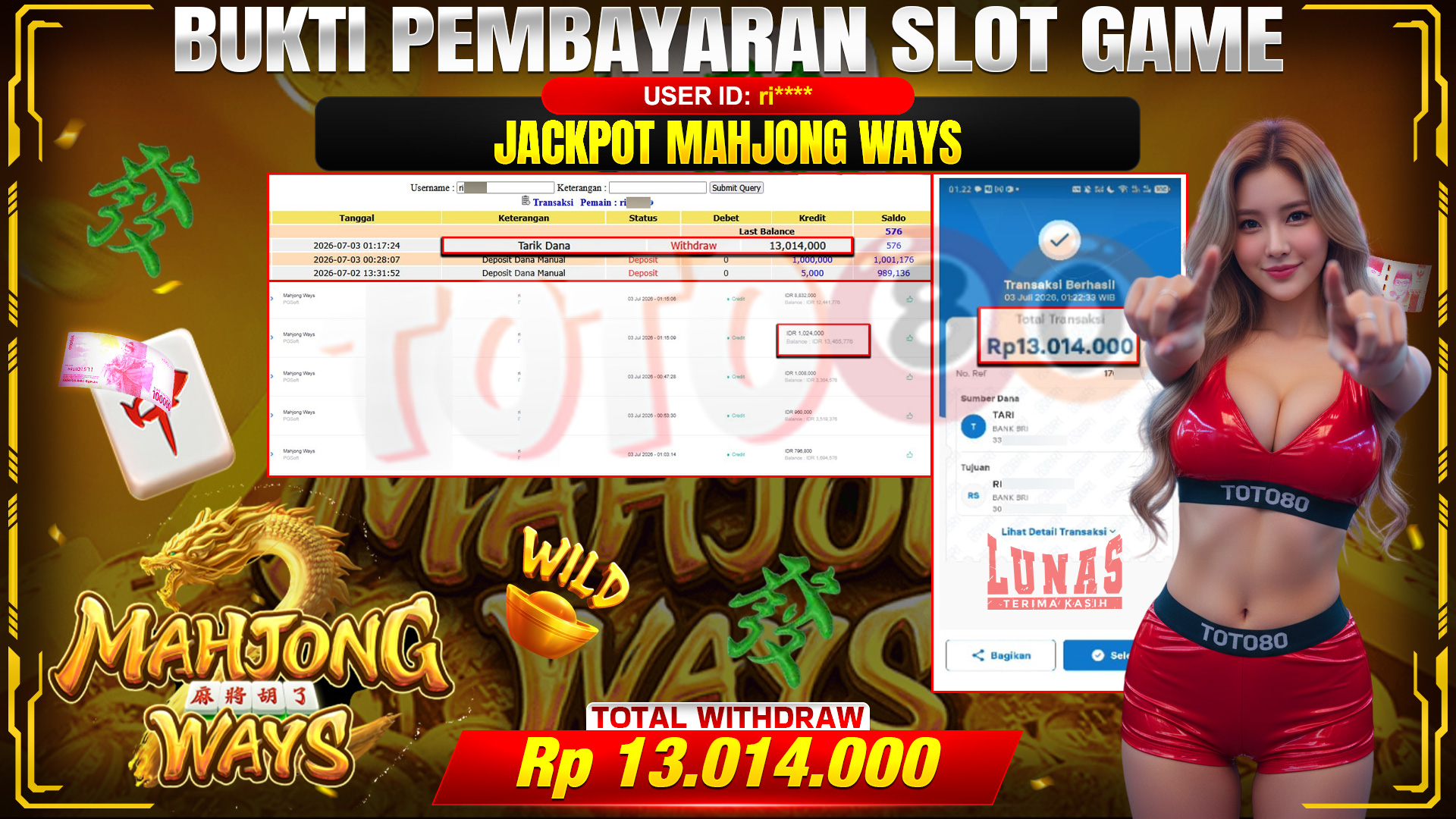 💰🎉 TOTO80 – JACKPOT SLOT MAHJONG  WAYS  RP. 13.014,000,-   TELAH DIBAYARKAN!💰🎉