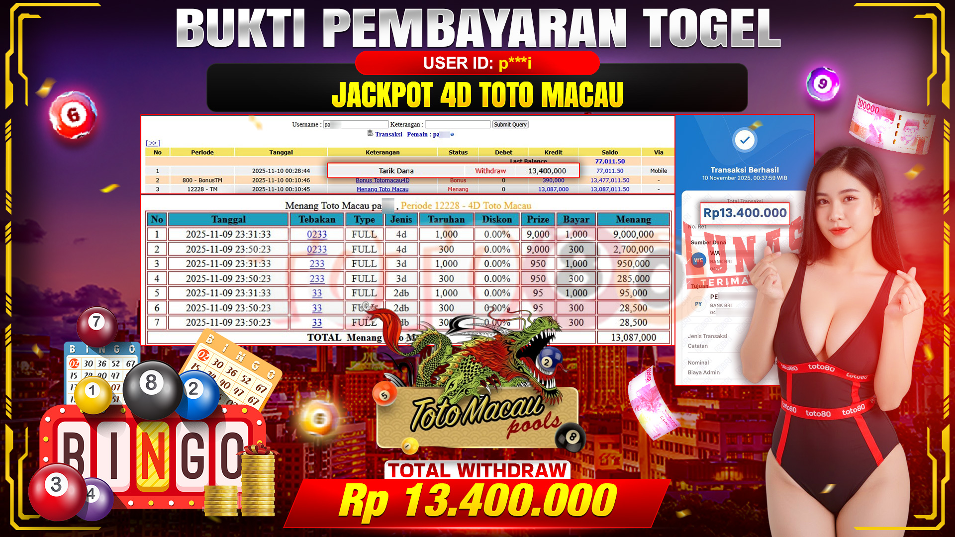🎉 TOTO80 – JACKPOT TOTO MACAU 4D GAMES RP.13.400.000,- TELAH DIBAYARKAN! 🎉