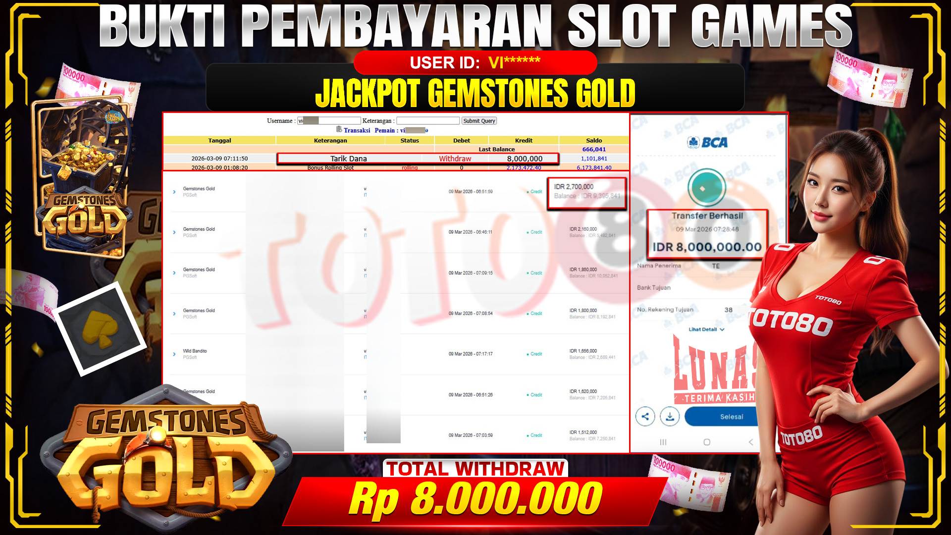 🎉TOTO80 – JACKPOT SLOT GEMSTONES GOLD RP. 8,000,000,- TELAH DIBAYARKAN! 🎉