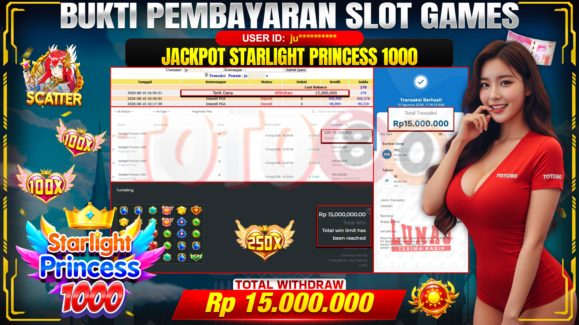 💰🎉 TOTO80 – JACKPOT SLOT STARLIGHT PRINCES 1000 RP. 15,000,000,-  TELAH DIBAYARKAN! 💰🎉