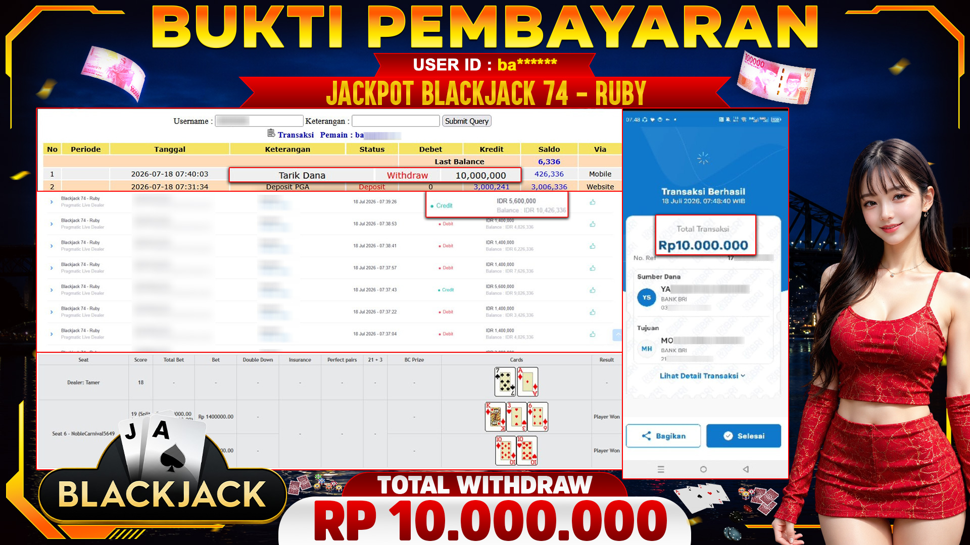 🏆 SELAMAT KEPADA PEMENANG JACKPOT DI Blackjack 74 - Ruby  - Pragmatic Live Dealer 10,000,000🏆