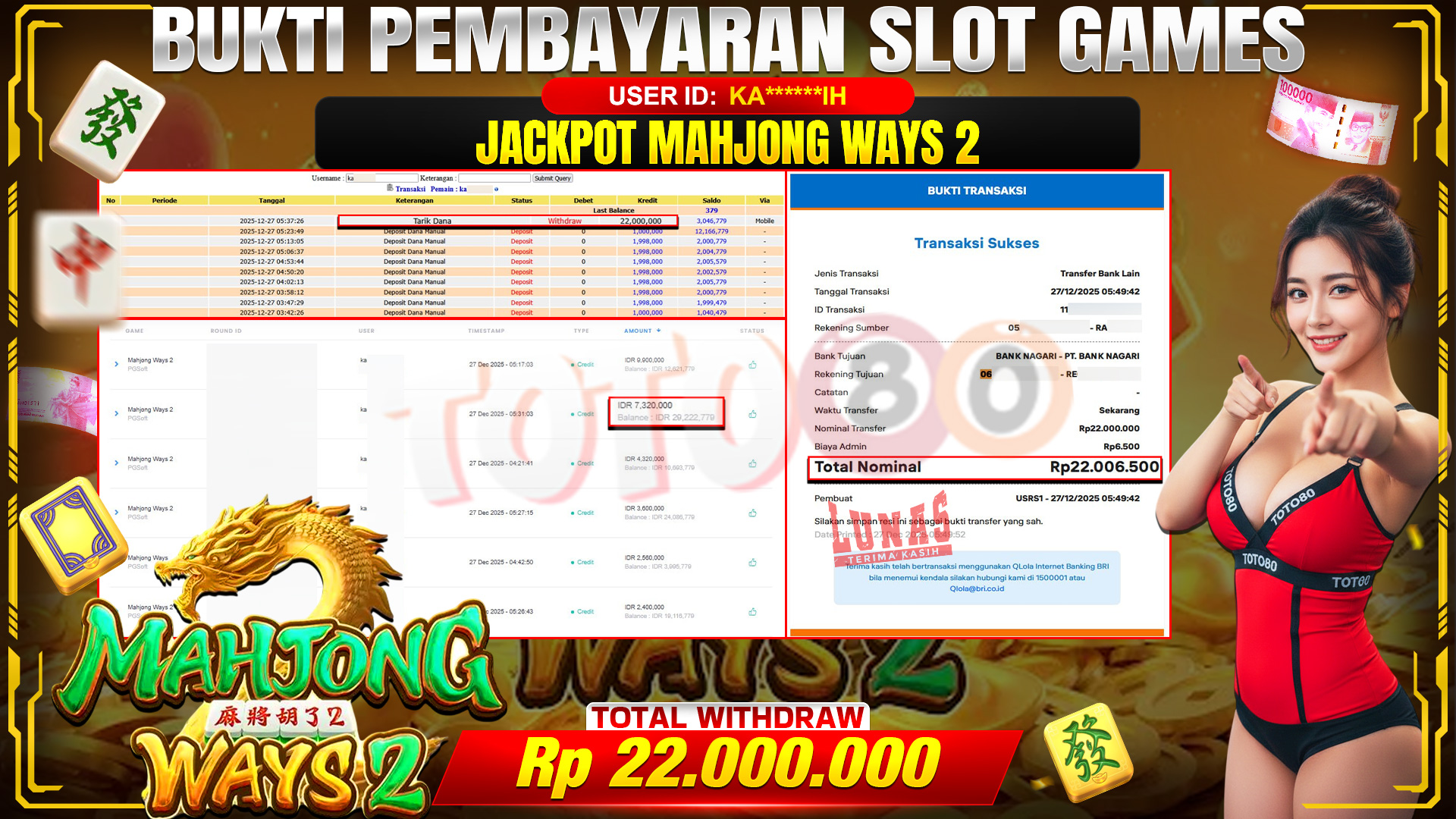 🎉 TOTO80 – JACKPOT SLOT MAHJONG WAYS 2 RP. 22,000,000,- TELAH DIBAYARKAN! 🎉