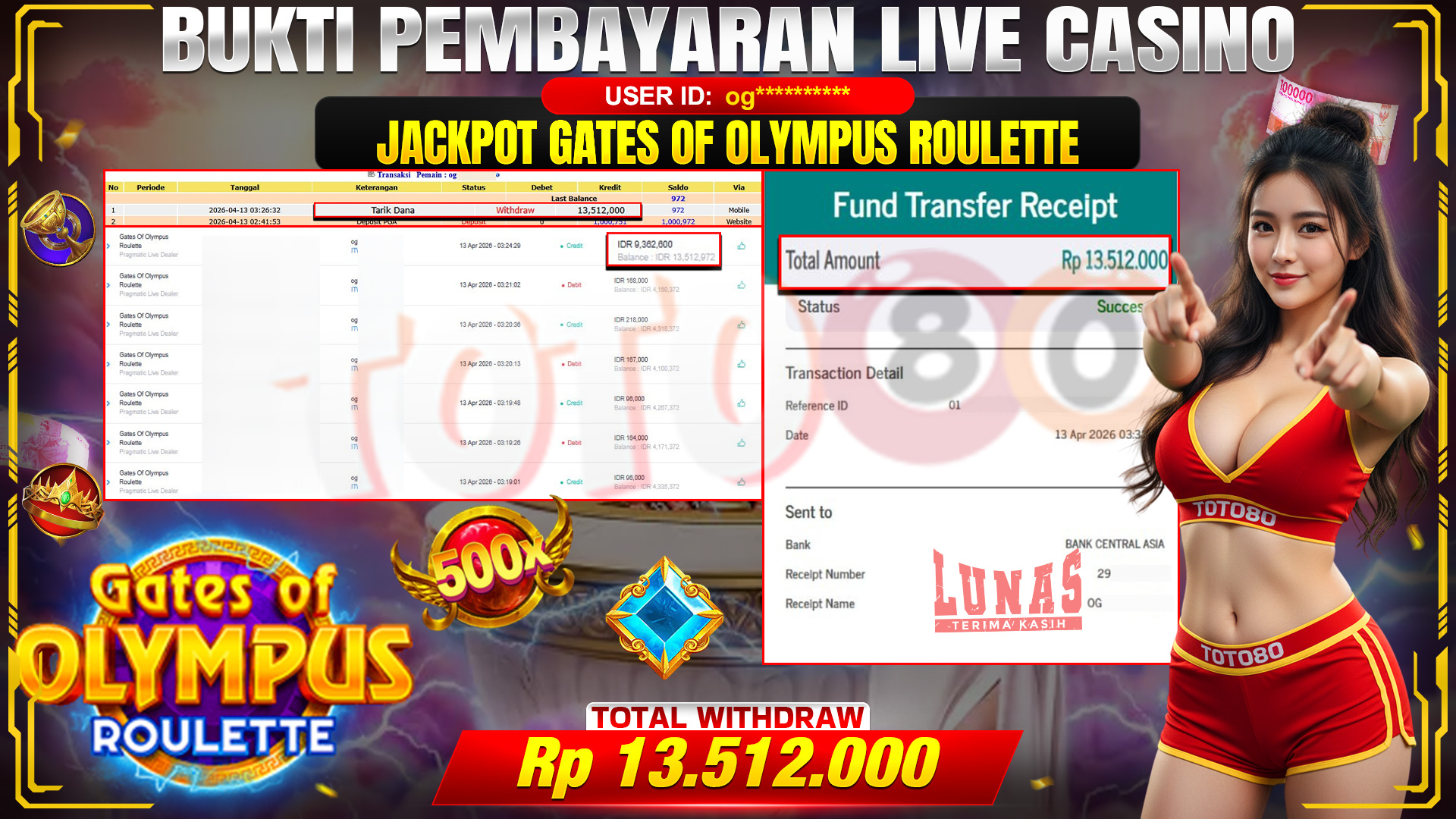 💰🎉 TOTO80 – JACKPOT  GATES OF OLIMPUS ROULETE  RP. 13,512,000,- TELAH DIBAYARKAN!💰🎉
