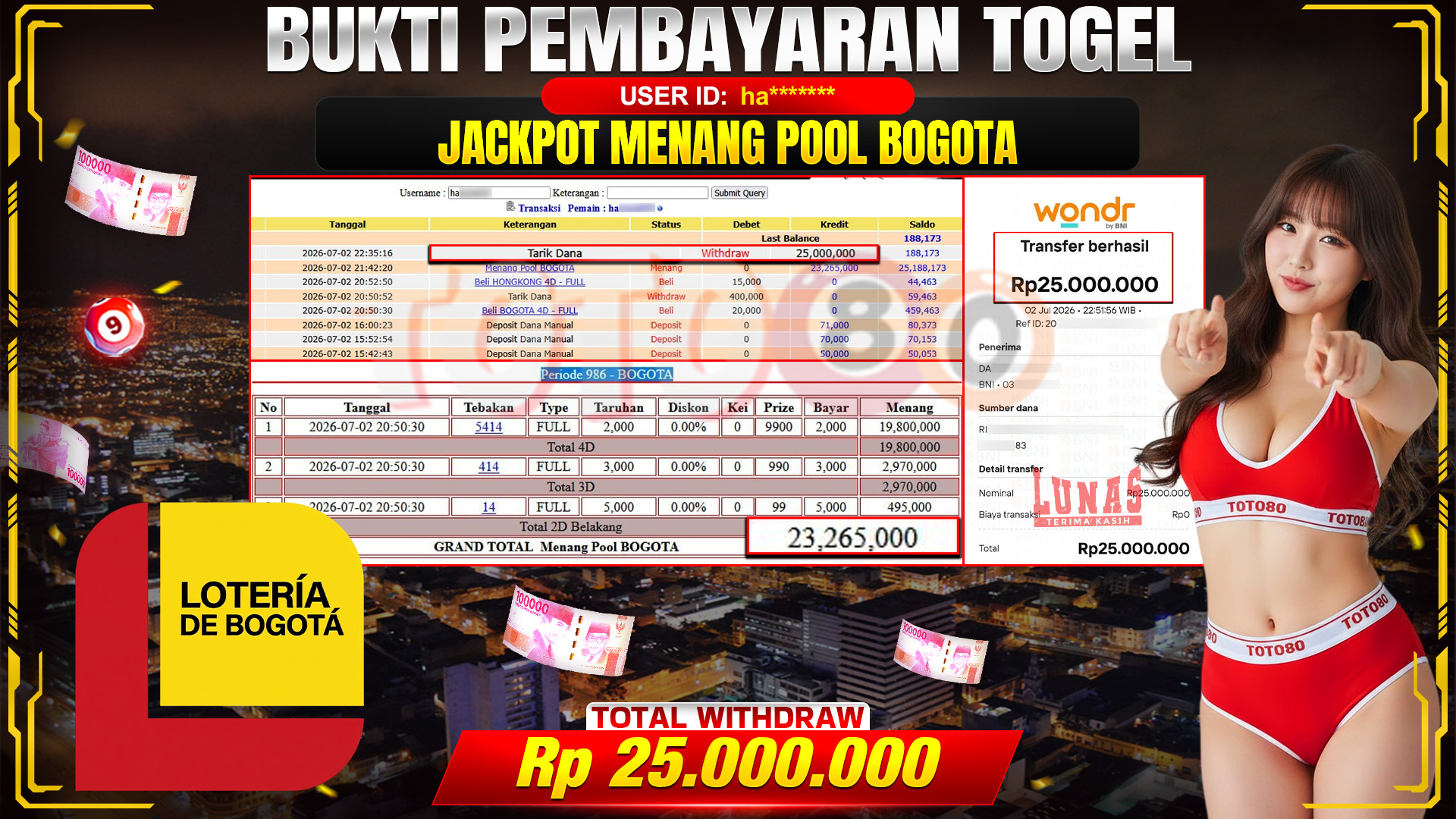 💰🎉 TOTO80 – JACKPOT TOGEL BOGOTA  RP. 25,000,000,- TELAH DIBAYARKAN! 💰🎉