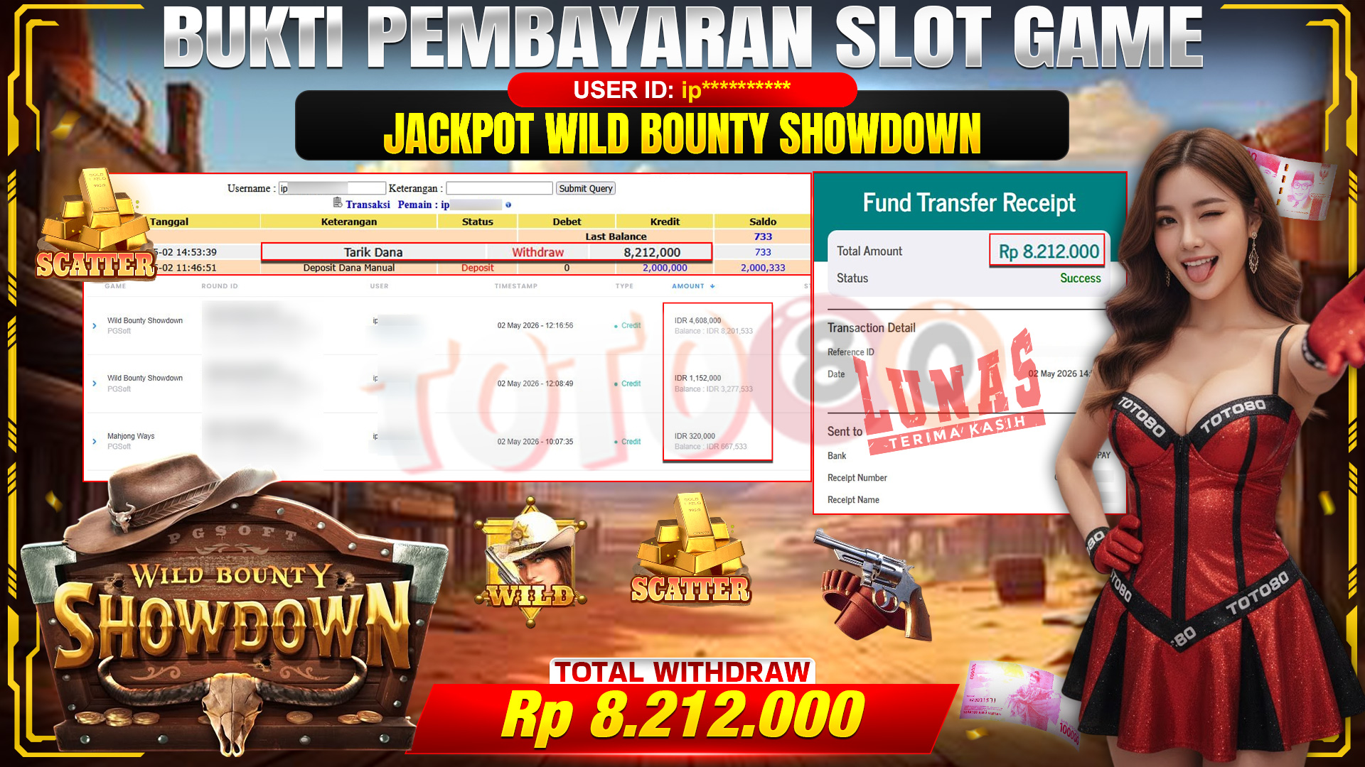 💰🎉  TOTO80 – JACKPOT SLOT WILD BOUNTY SHOWDOWN RP. 8,212,000,- TELAH DIBAYARKAN! 💰🎉 