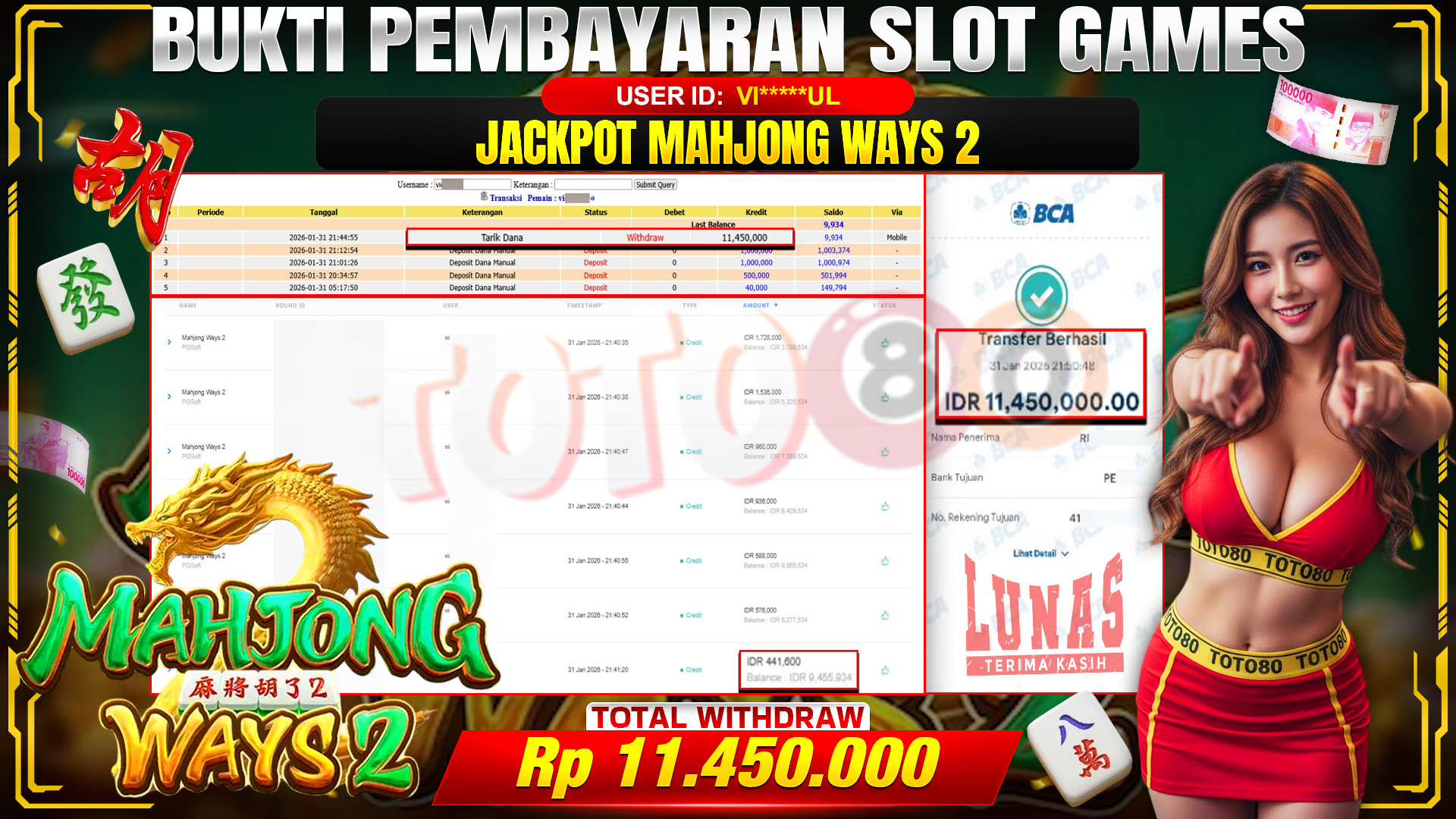 🎉 TOTO80 – JACKPOT SLOT MAHJONG WAYS 2 RP. 11,450,000,- TELAH DIBAYARKAN! 🎉