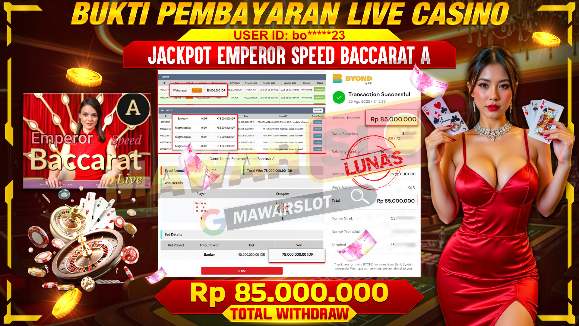 JACKPOT MELEDAK EMPEROR SPEED BACCARAT A MENANG Rp 85.000.000 DI MAWARSLOT ! 