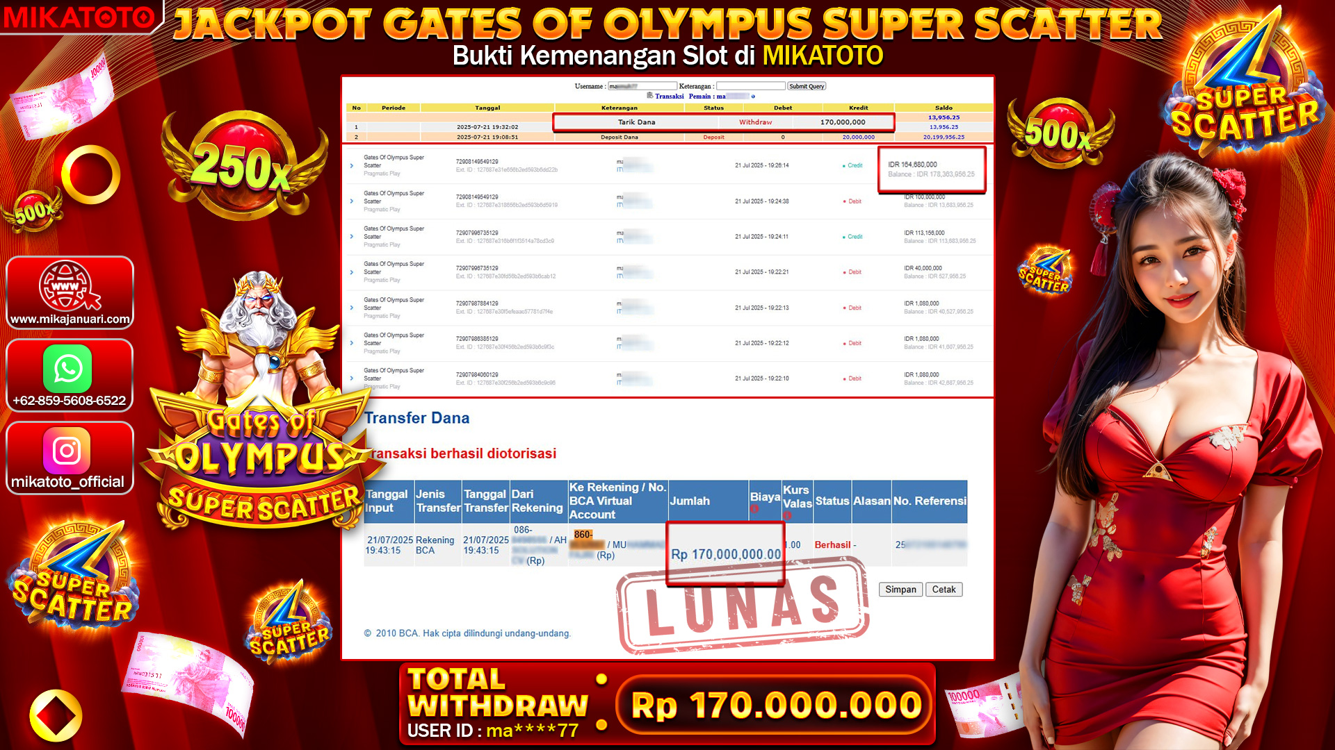 🏆 SELAMAT KEPADA PEMENANG JACKPOT DI  Gates Of Olympus Super Scatter 170,000,000🏆