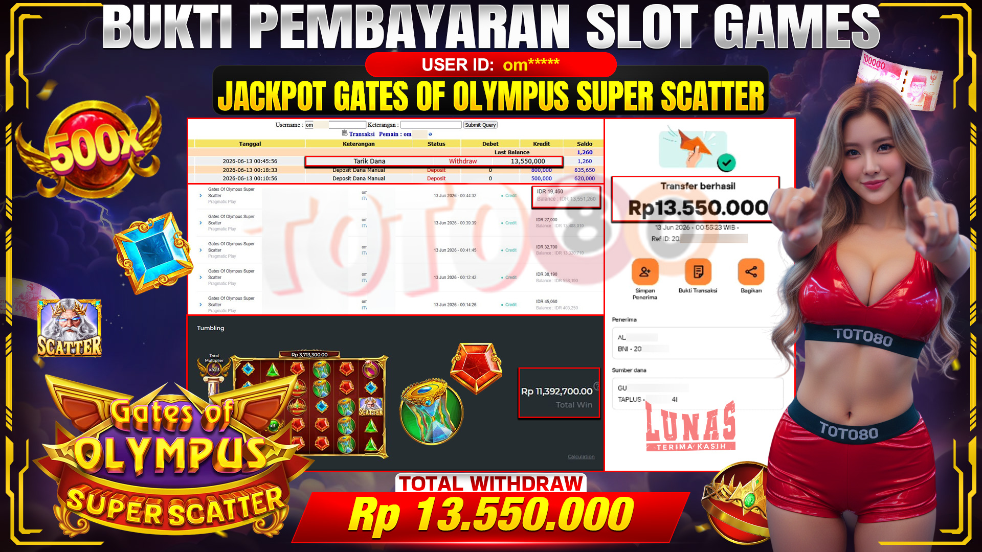 💰🎉 TOTO80 – JACKPOT SLOT GATES OF OLYMPUS SUPER SCATTER RP. 13,550,000,-   TELAH DIBAYARKAN!💰🎉