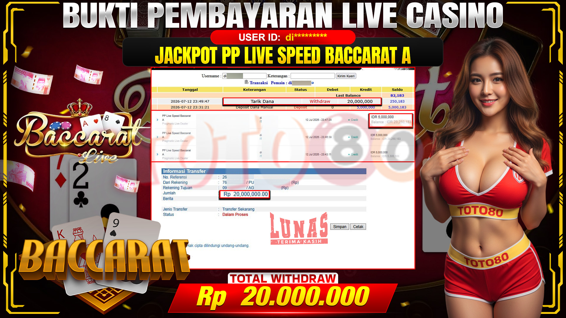 💰🎉 TOTO80 – JACKPOT PP LIVE SPEED BACCARAT A RP. 20,000,000,- TELAH DIBAYARKAN!💰🎉