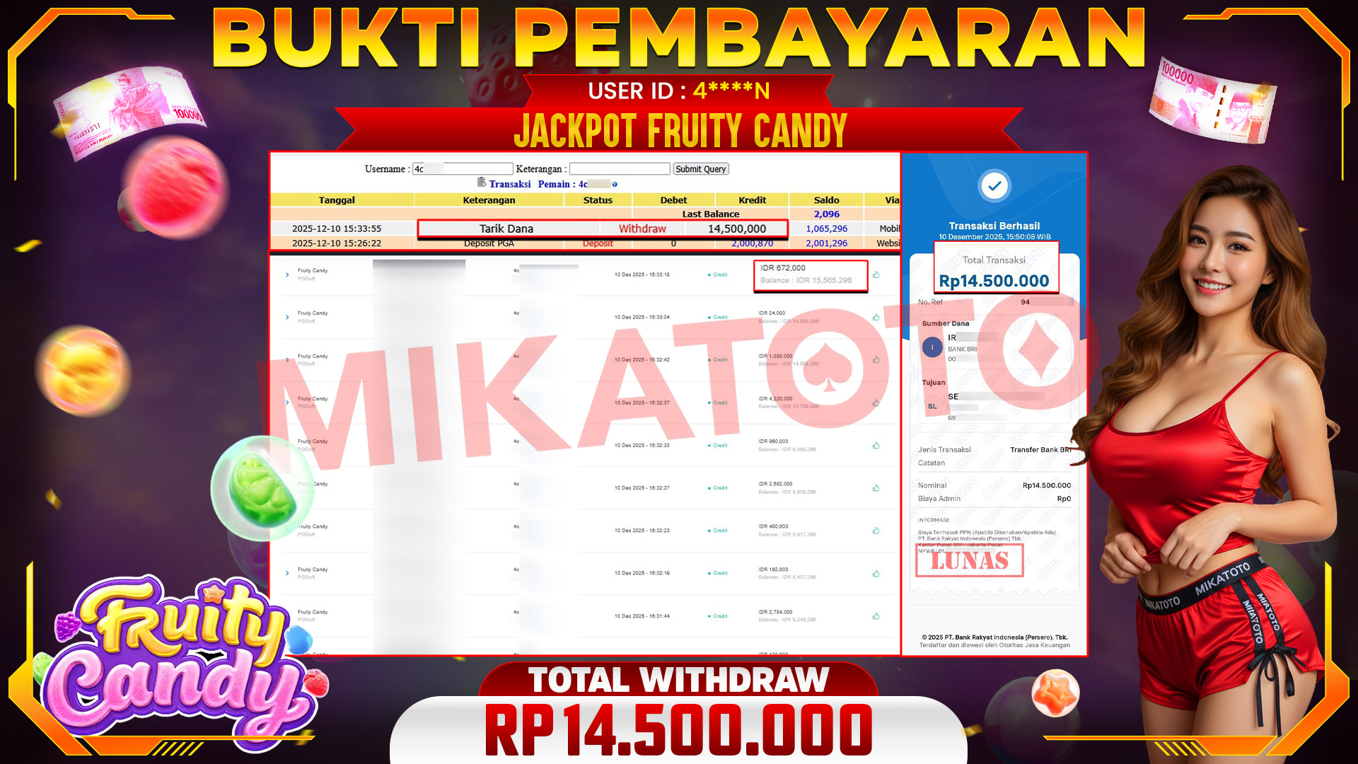 SELAMAT KEPADA PEMENANG JACKPOT DI Fruity Candy - PGSoft 14,500,000🏆