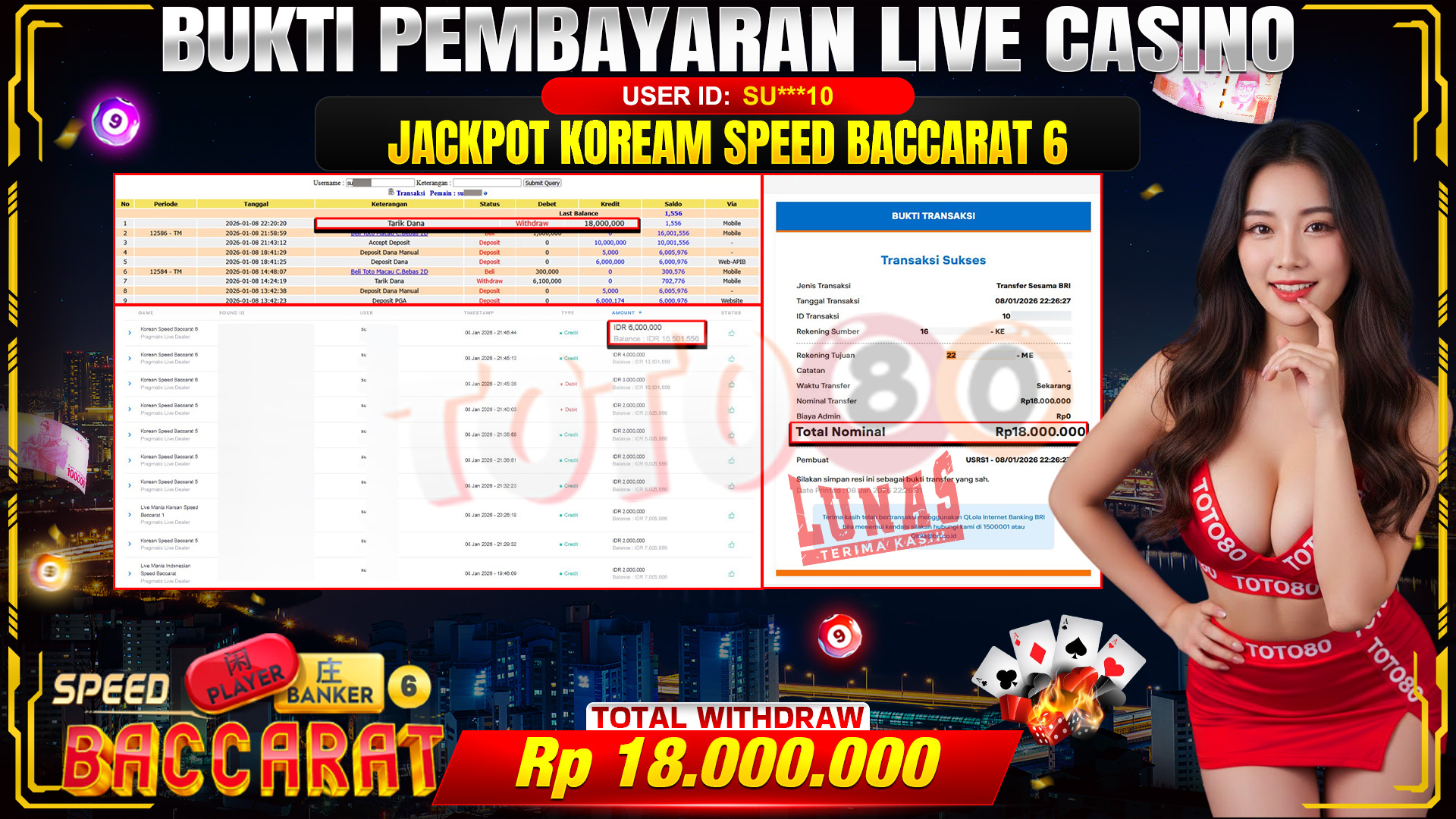 🎉 TOTO80 – JACKPOT JAPANESE SPEED BACCARAT 6 RP. 18,000,000,- TELAH DIBAYARKAN! 🎉