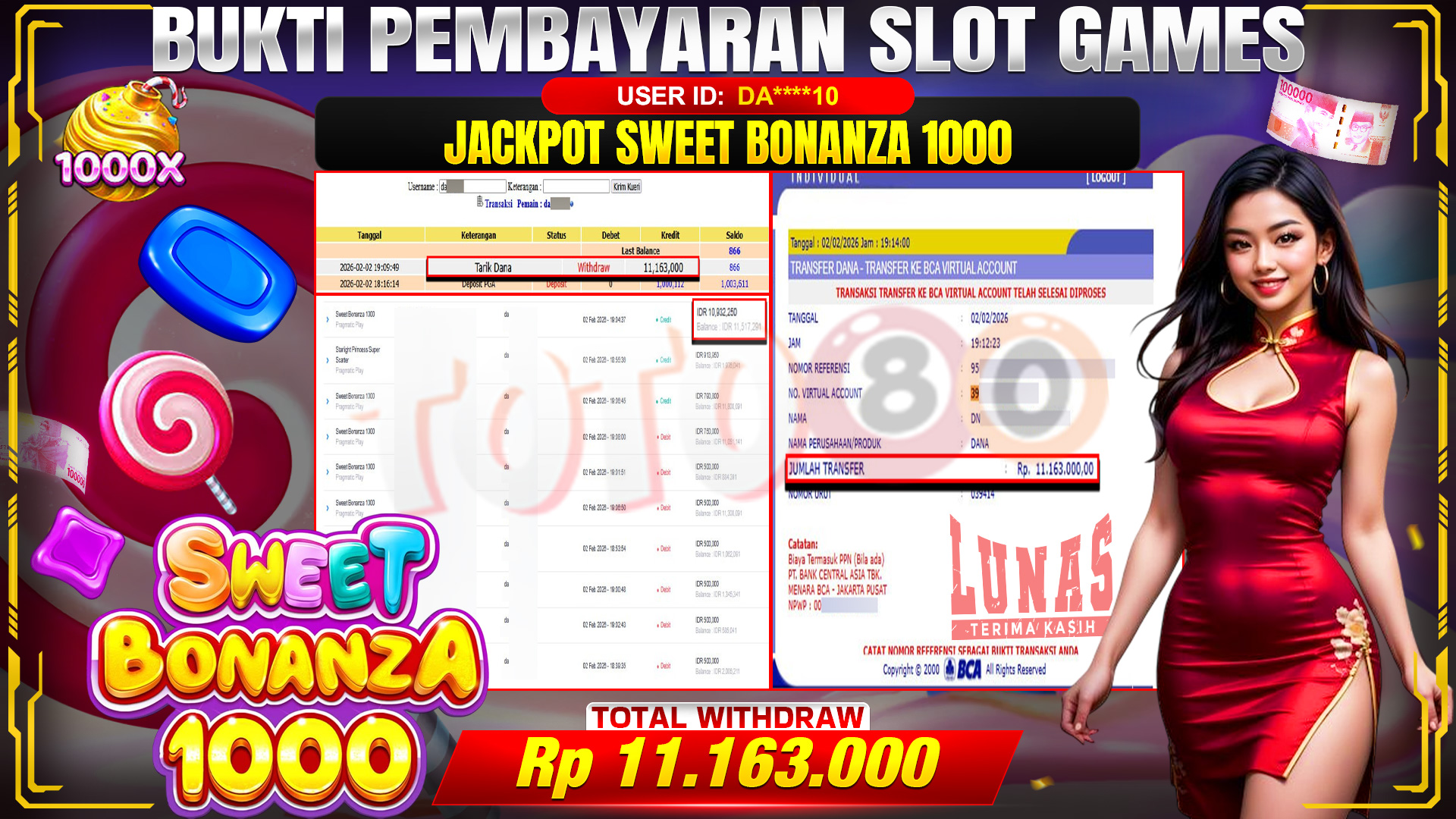 🎉 TOTO80 – JACKPOT SLOT SWEET BONANZA 1000 RP. 11,163,000,- TELAH DIBAYARKAN! 🎉