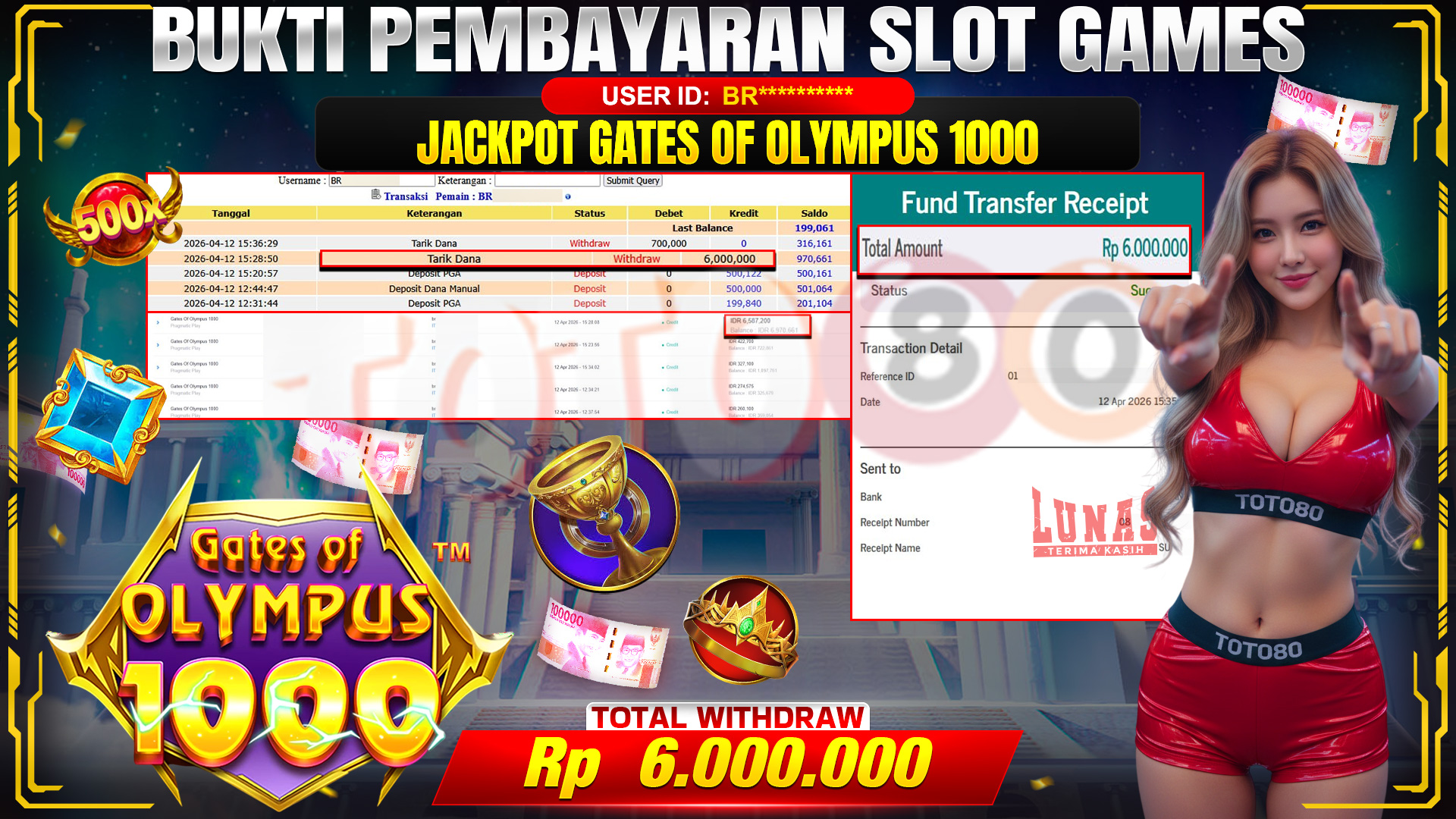 💰🎉 TOTO80 – JACKPOT SLOT GATES OF OLYMPUS 1000 RP. 6,000,000,-TELAH DIBAYARKAN!💰🎉