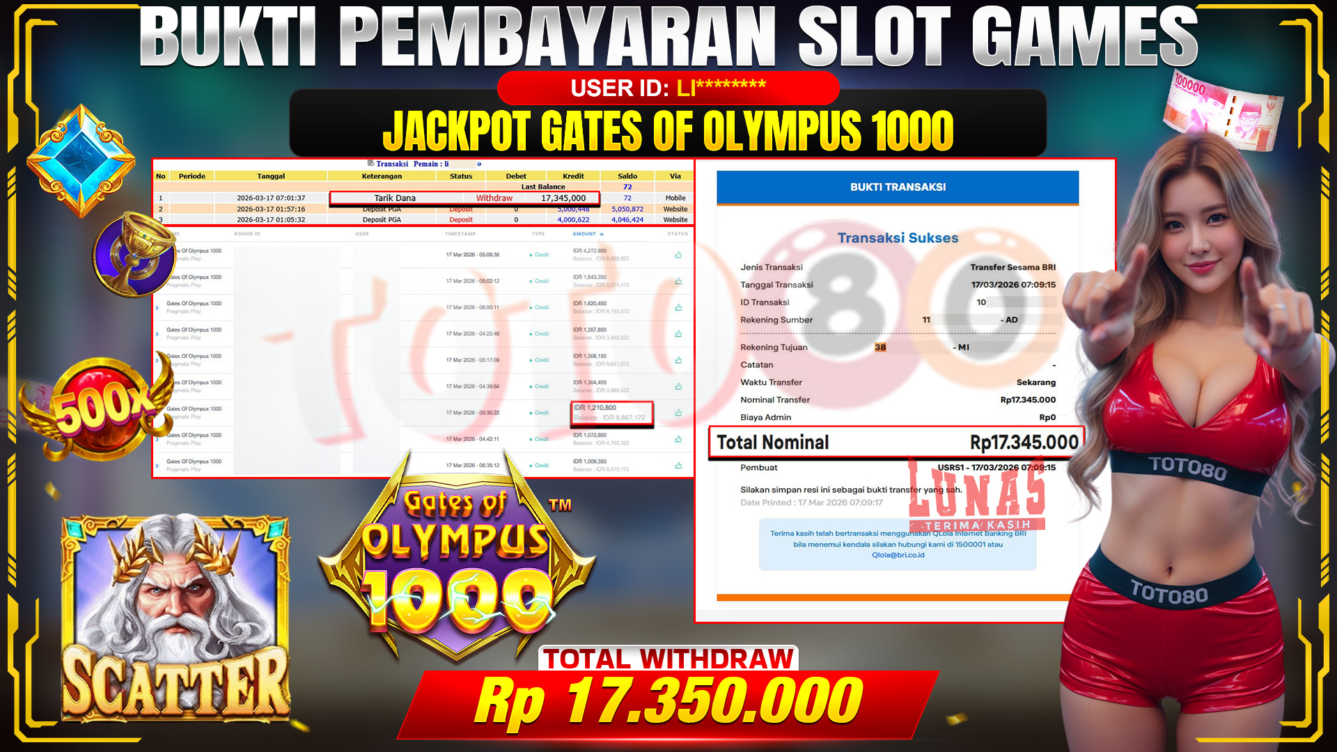 💰🎉 TOTO80 – JACKPOT SLOT GATES OF OLIMPUS 1000  RP. 17,350,000,- TELAH DIBAYARKAN!💰🎉