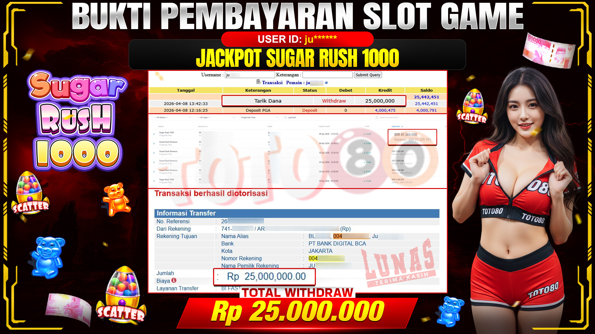 💰🎉 TOTO80 – JACKPOT SLOT SUGAR RUSH 1000 RP. 25,000,000,- TELAH DIBAYARKAN!💰🎉