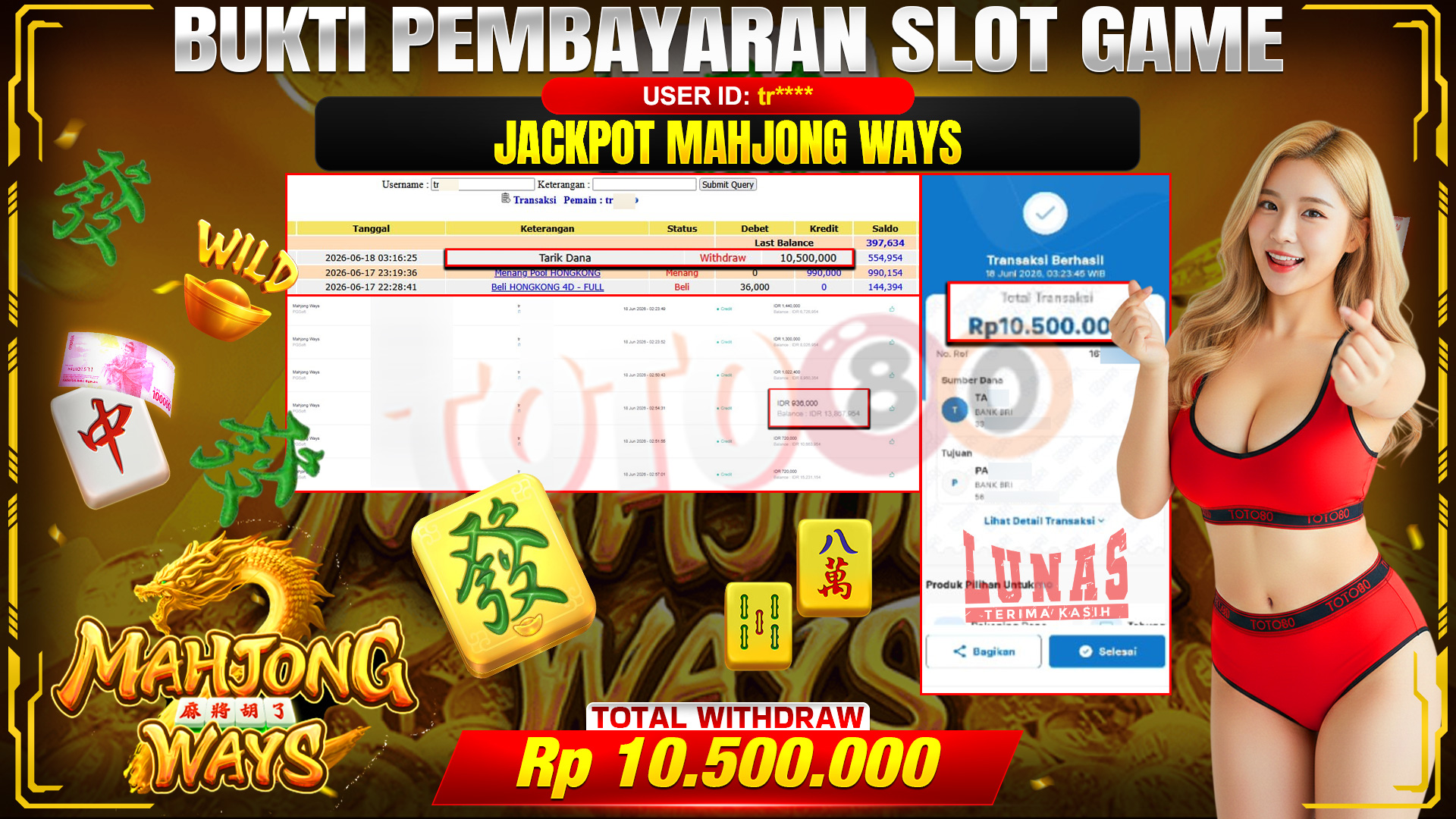 💰🎉 TOTO80 – JACKPOT SLOT MAHJONG  WAYS  RP. 10.500,000,-  TELAH DIBAYARKAN!💰🎉