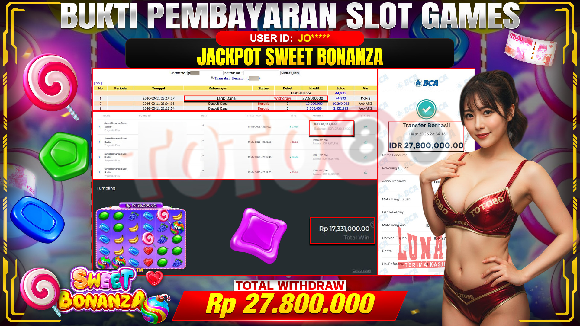 💰🎉 TOTO80 – JACKPOT SLOT SWEET BONANZA  RP. 27,800,000,- TELAH DIBAYARKAN! 🎉💰