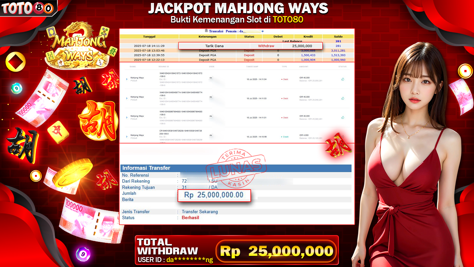 🎉 TOTO80 – JACKPOT SLOT MAHJONG WAYS RP.25,000,000,- TELAH DIBAYARKAN! 🎉