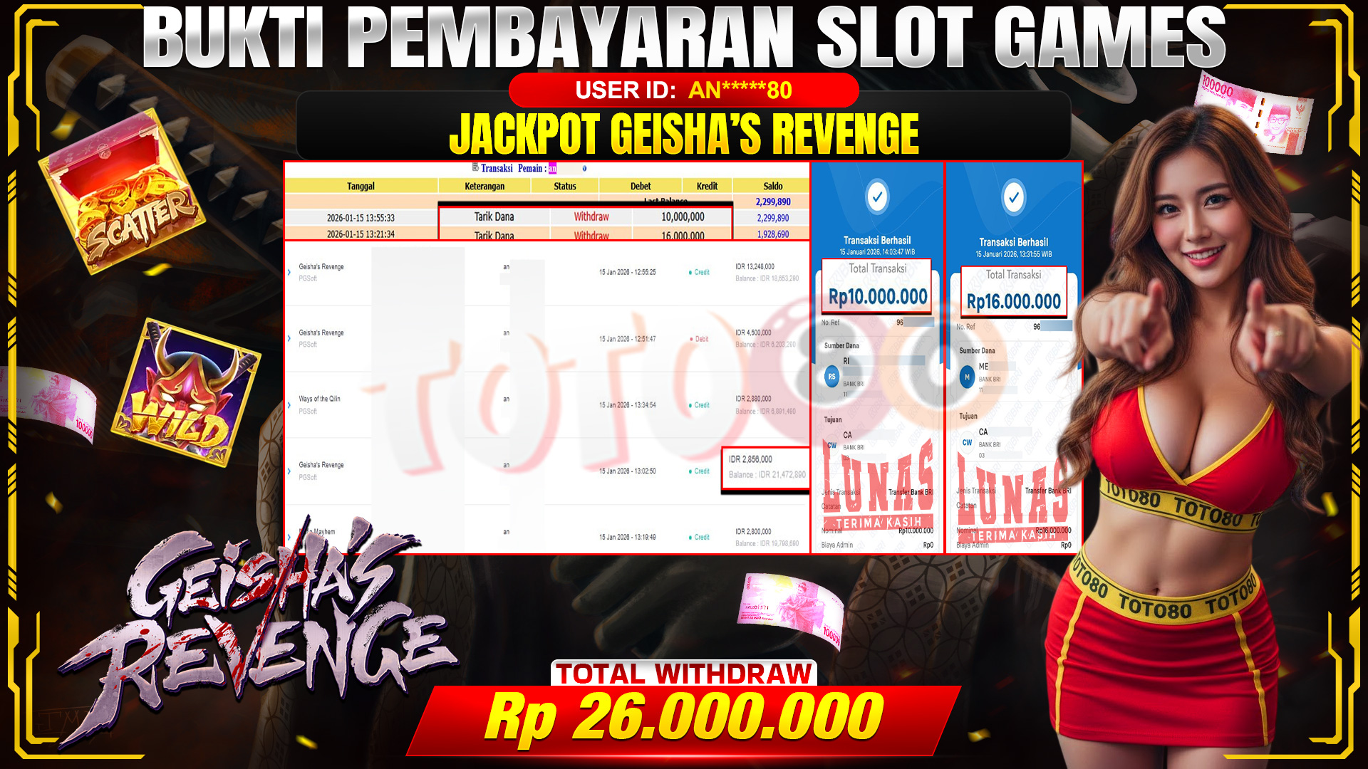 🎉 TOTO80 – JACKPOT SLOT GEISHA S REVENGE RP. 26,000,000,- TELAH DIBAYARKAN! 🎉