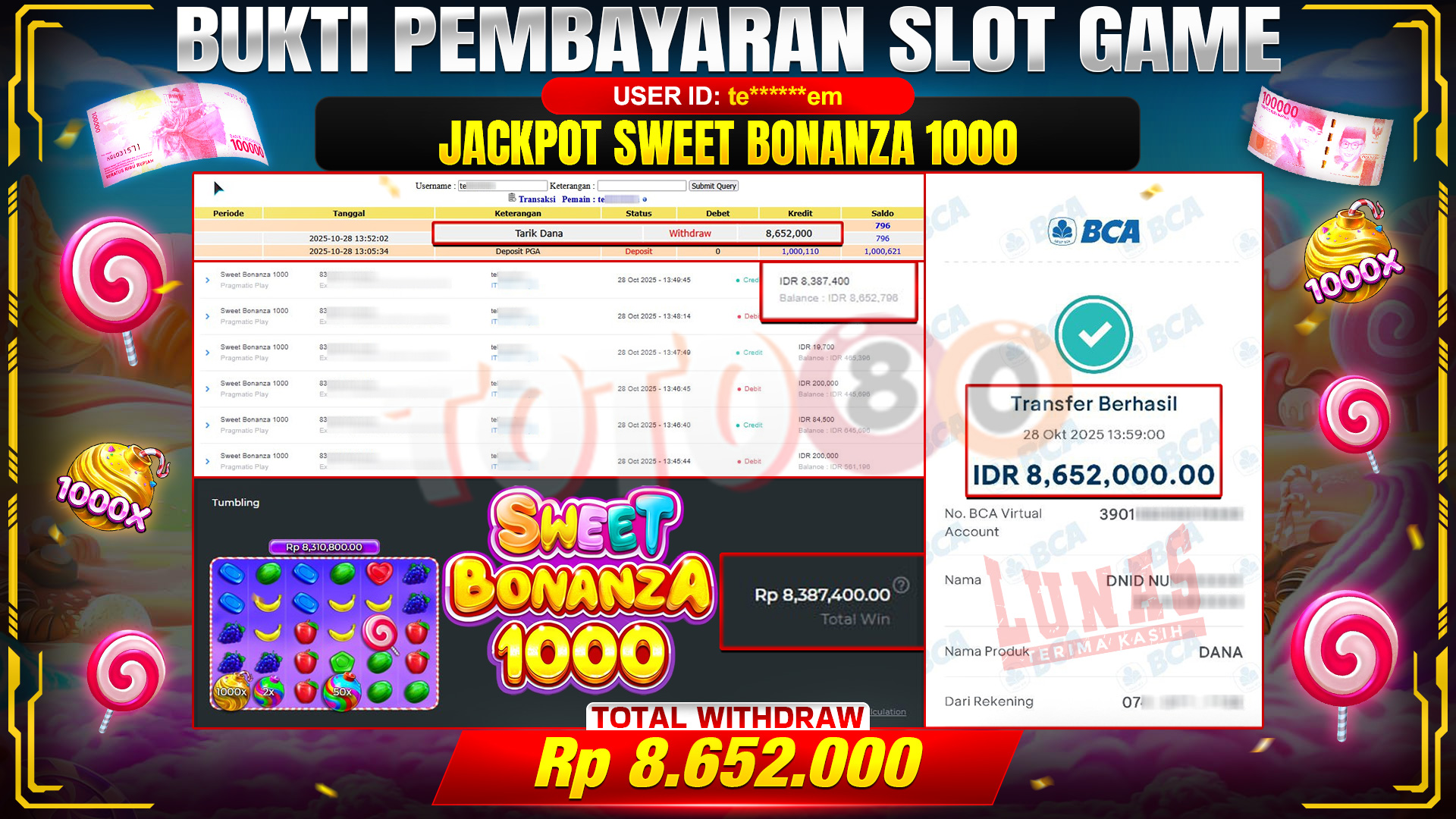 🎉 TOTO80 – JACKPOT SLOT SWEET BONANZA 1000 RP.8.652.000,- TELAH DIBAYARKAN! 🎉