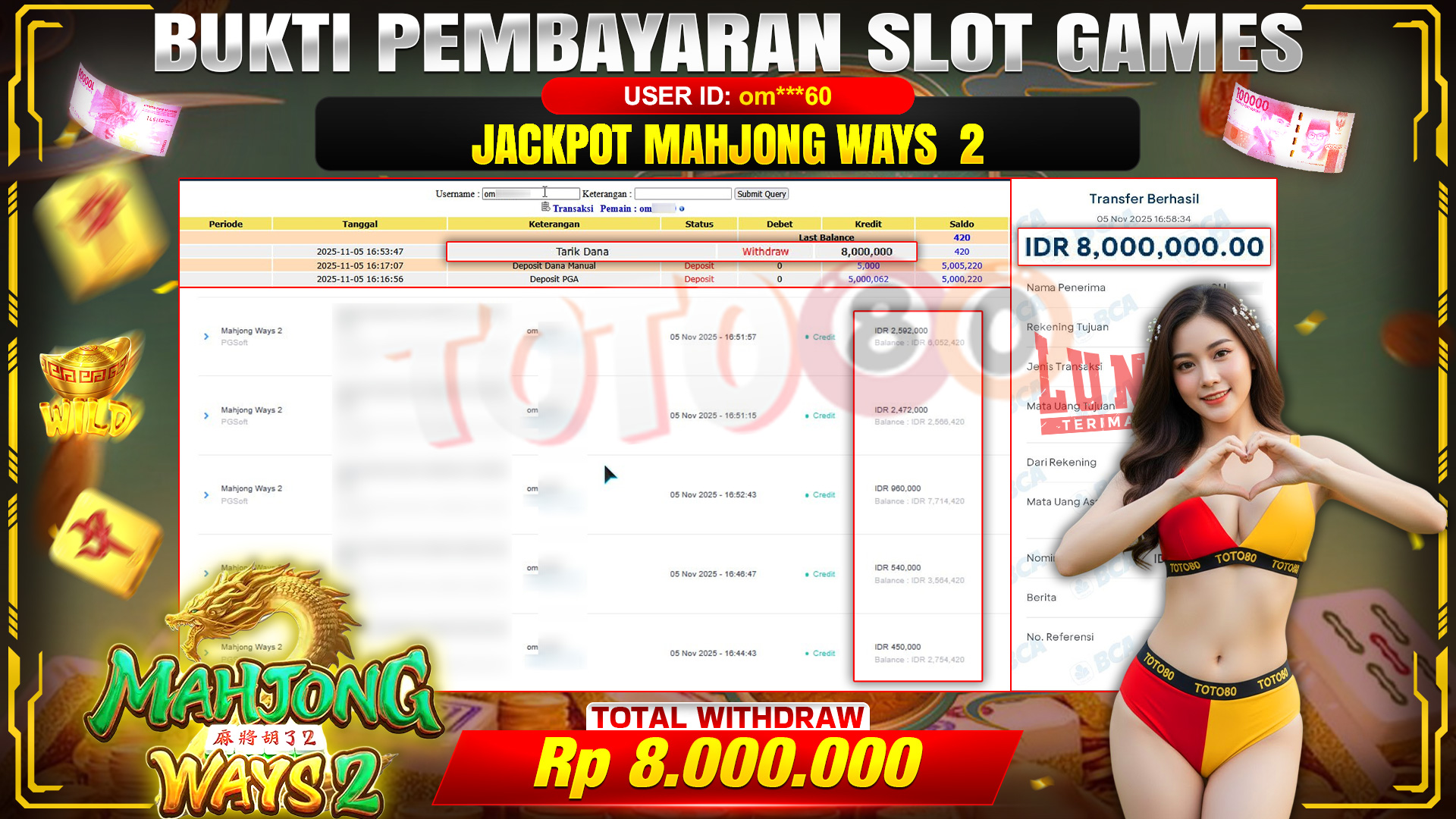 🎉 TOTO80 – JACKPOT SLOT MAHJONG WAYS 2 RP.8.000.000,- TELAH DIBAYARKAN! 🎉