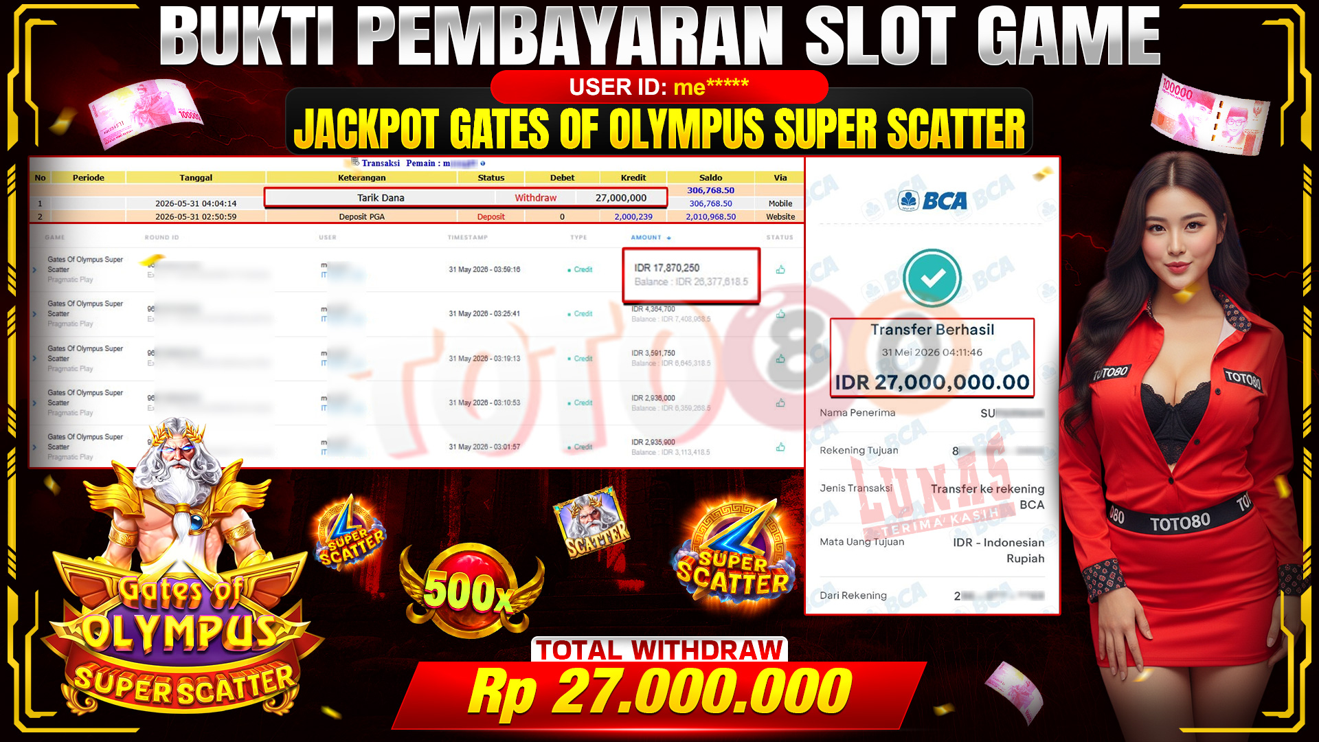 💰🎉 TOTO80 – JACKPOT SLOT GATES OF OLYMPUS SUPER SCATTER RP. 27,000,000,-  TELAH DIBAYARKAN!💰🎉