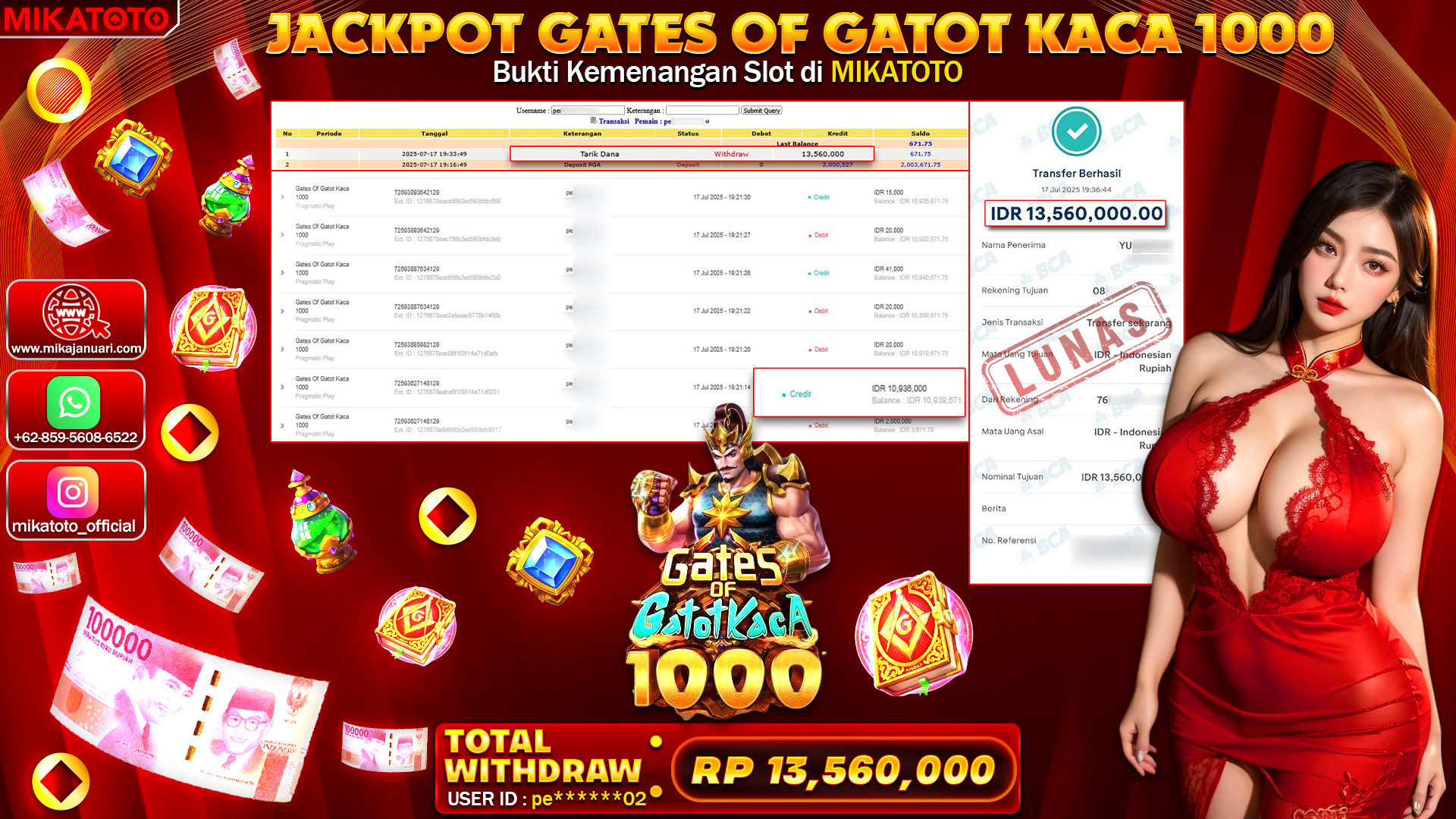 🏆 SELAMAT KEPADA PEMENANG JACKPOT DI  Gates Of Gatot Kaca 1000 13,560,000🏆