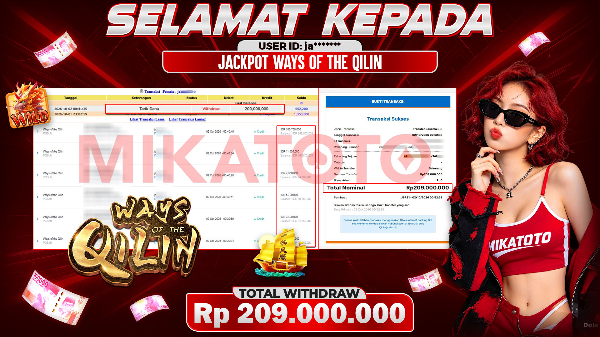 🏆 SELAMAT KEPADA PEMENANG JACKPOT DI Ways of the Qilin - PGSoft 209,000,000 🏆