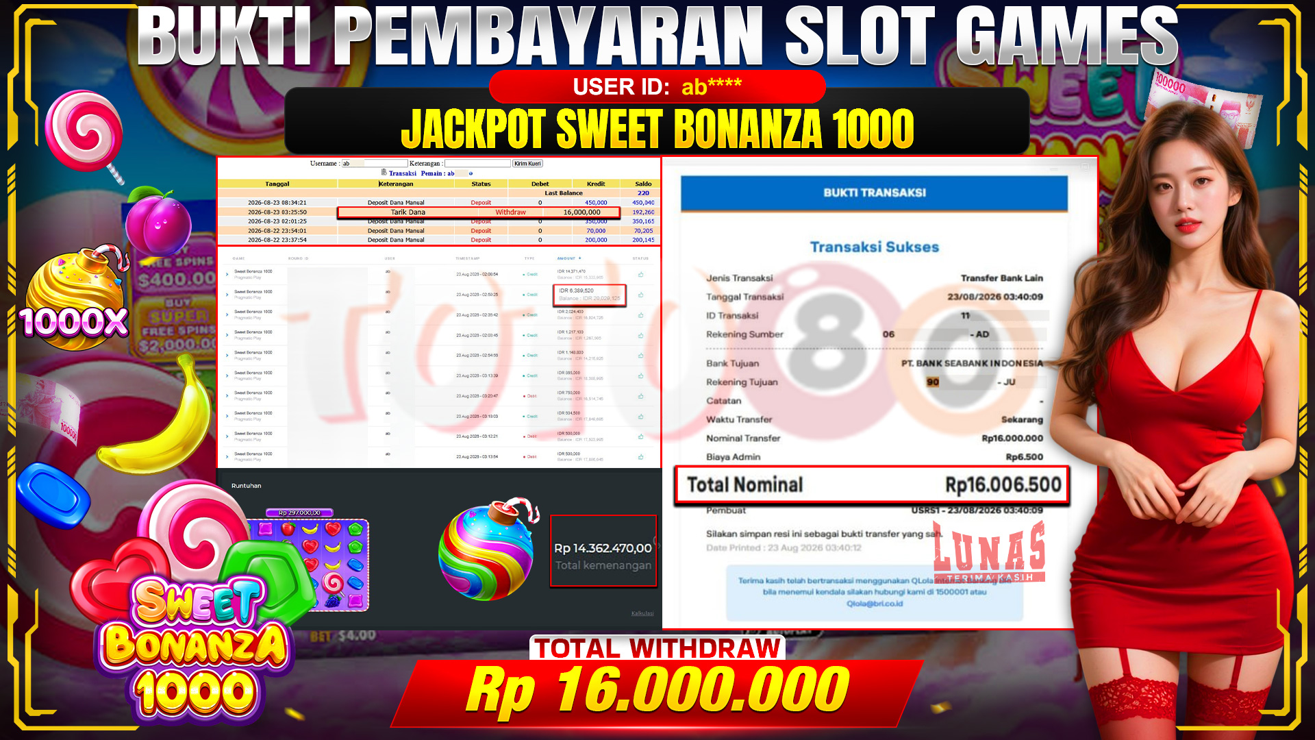 💰🎉  TOTO80 – JACKPOT SLOT SWEET BONANZA 1000 RP. 16,000,000,- TELAH DIBAYARKAN! 💰🎉 