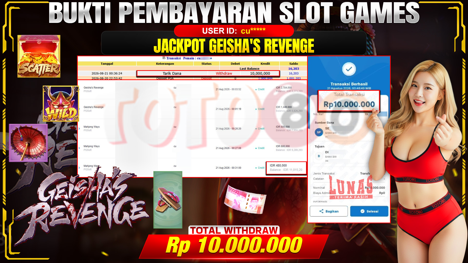 💰🎉 TOTO80 – JACKPOT GEISHA REVENGE . RP. 10,000,000,- TELAH DIBAYARKAN! 💰🎉