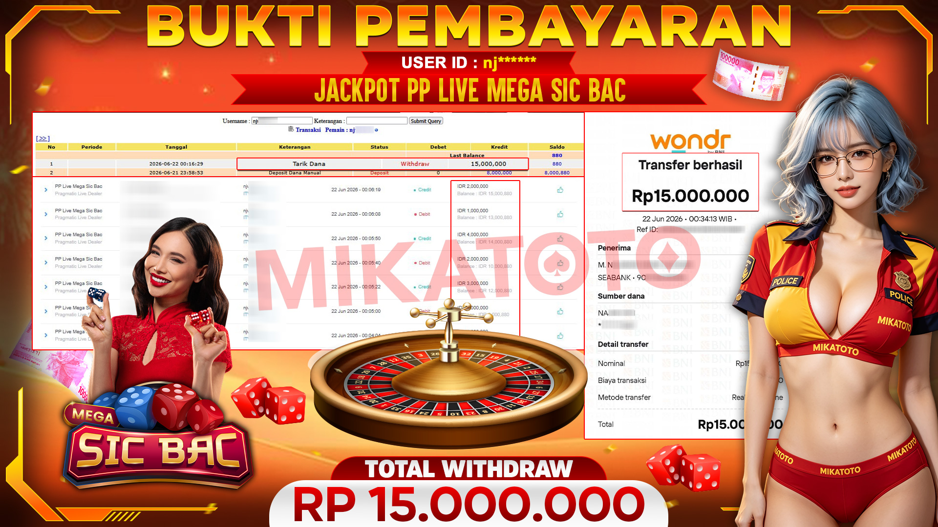 🏆 SELAMAT KEPADA PEMENANG JACKPOT DI PP Live Mega Sic Bac - Pragmatic Live Dealer 15,000,000🏆