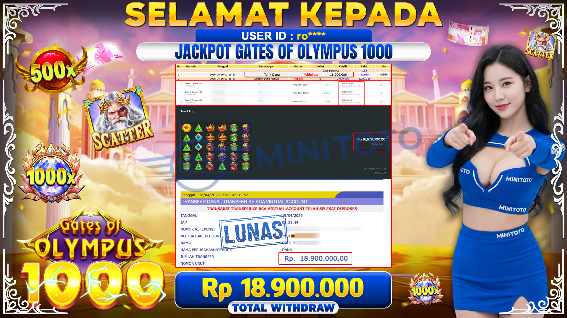 BUKTI JACPOT Gates Of Olympus 1000 - Pragmatic Play