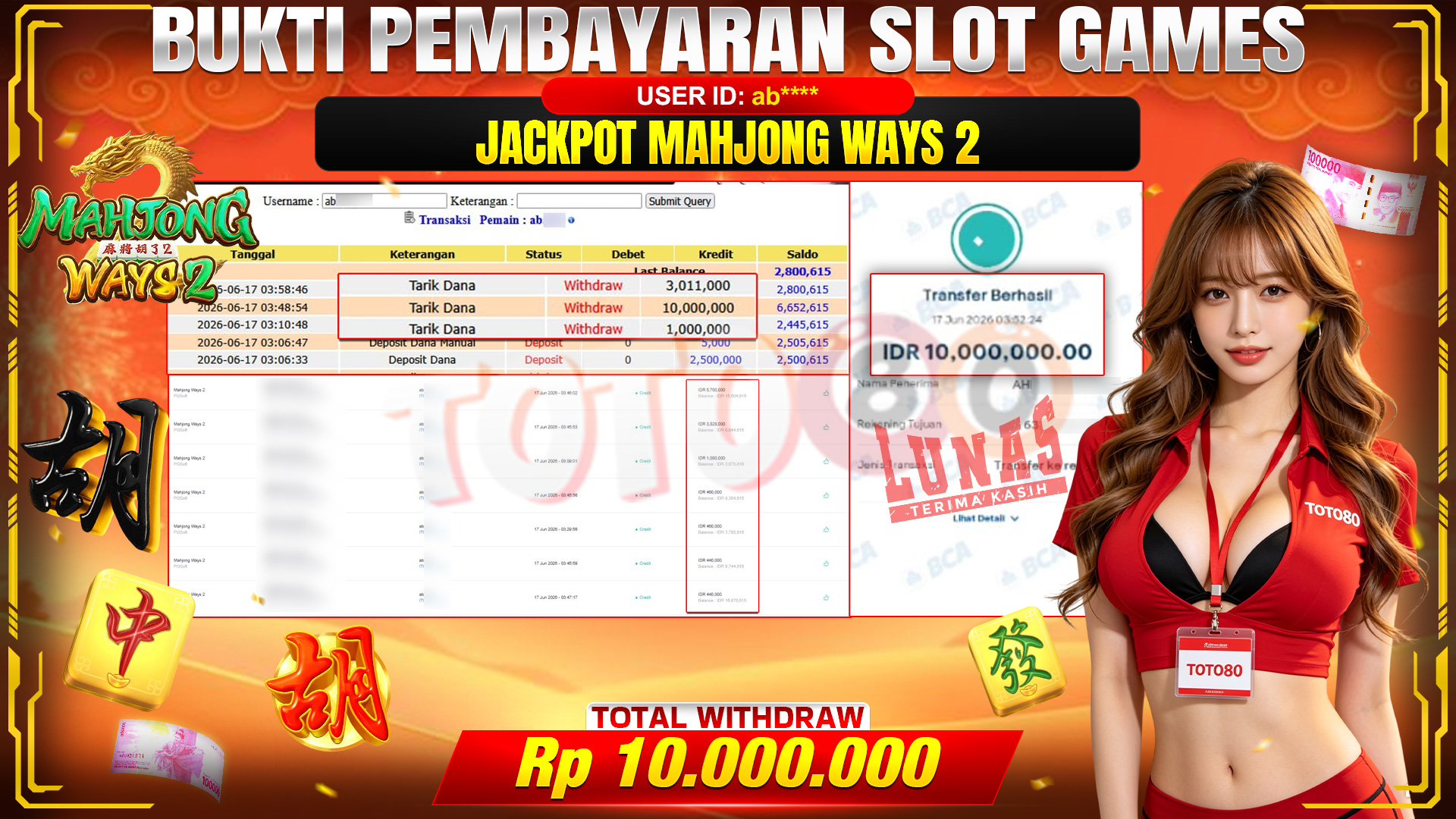 💰🎉 TOTO80 – JACKPOT SLOT MAHJONG  WAYS 2 RP. 10.000,000,-  TELAH DIBAYARKAN!💰🎉