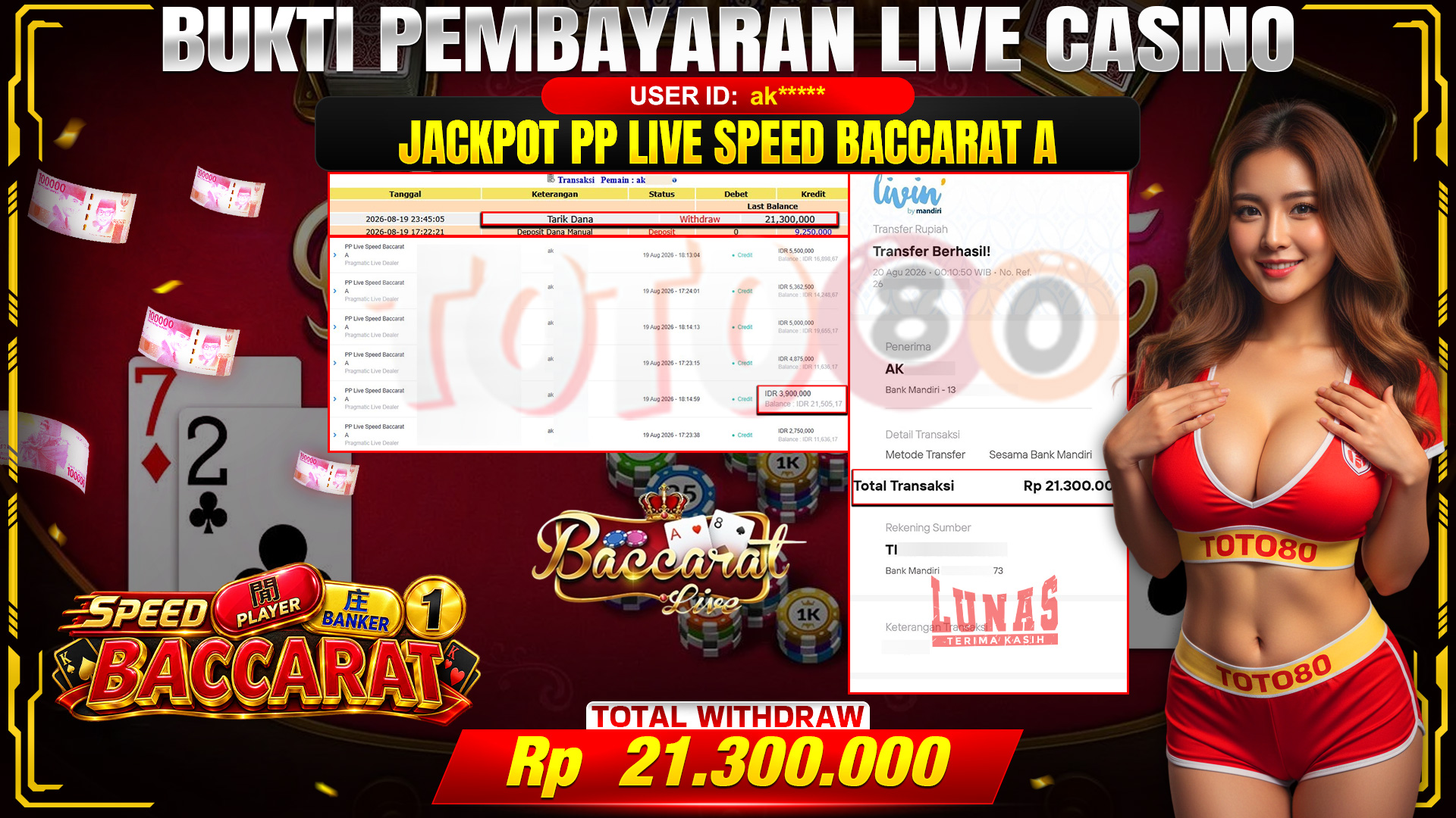 💰🎉 TOTO80 – JACKPOT PP LIVE  SPEED  BACCARAT A RP. 23,300,000,- TELAH DIBAYARKAN!💰🎉
