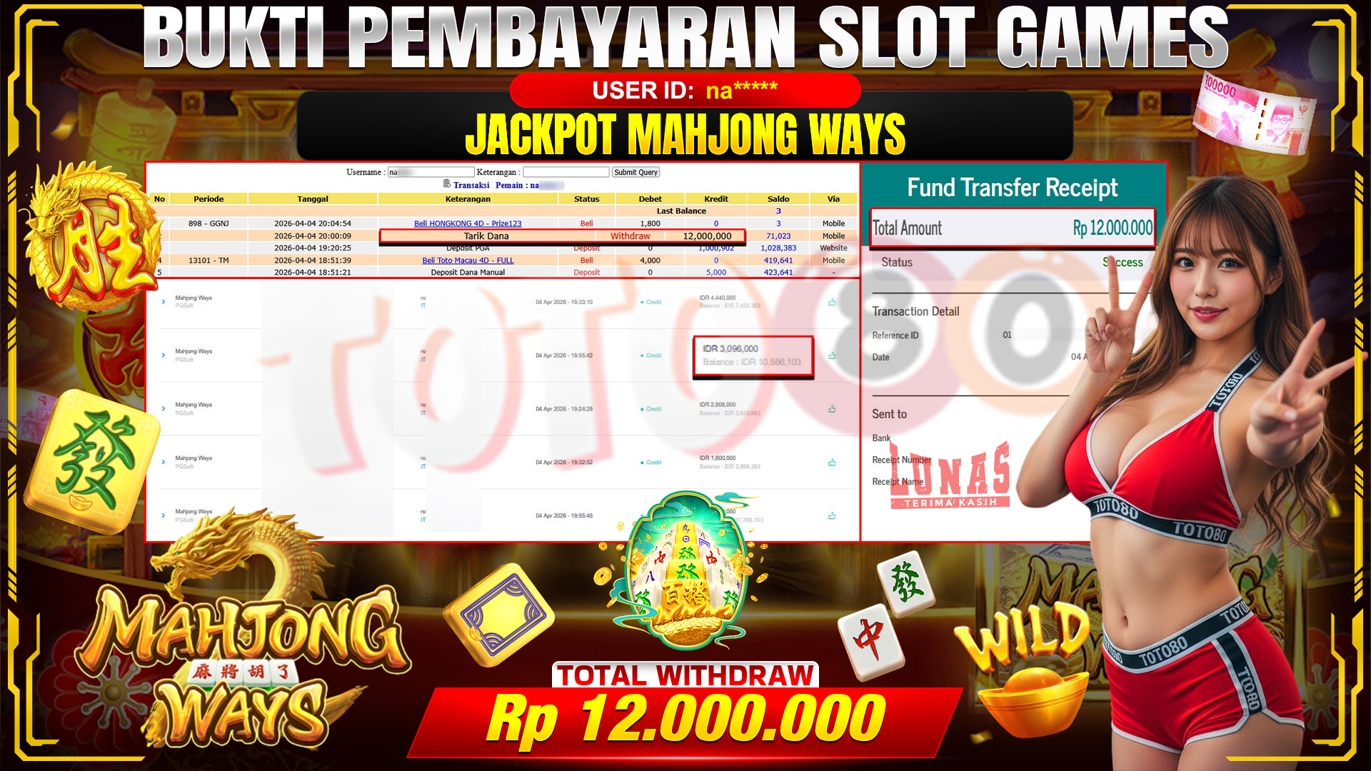 💰🎉 TOTO80 – JACKPOT SLOT MAHJONG WAYS RP. 12,000,000,- TELAH DIBAYARKAN!💰🎉